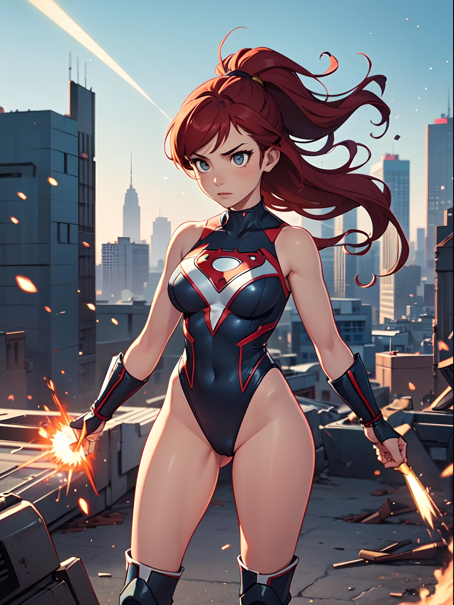 masterpiece, best quality, 1girl, superhero, leotard, bare legs, knee boots, matching boots, heroic, city backdrop, standing, body infused with energy, light particles solo, single, cowboy shot, perfect anatomy, powering up, redhead