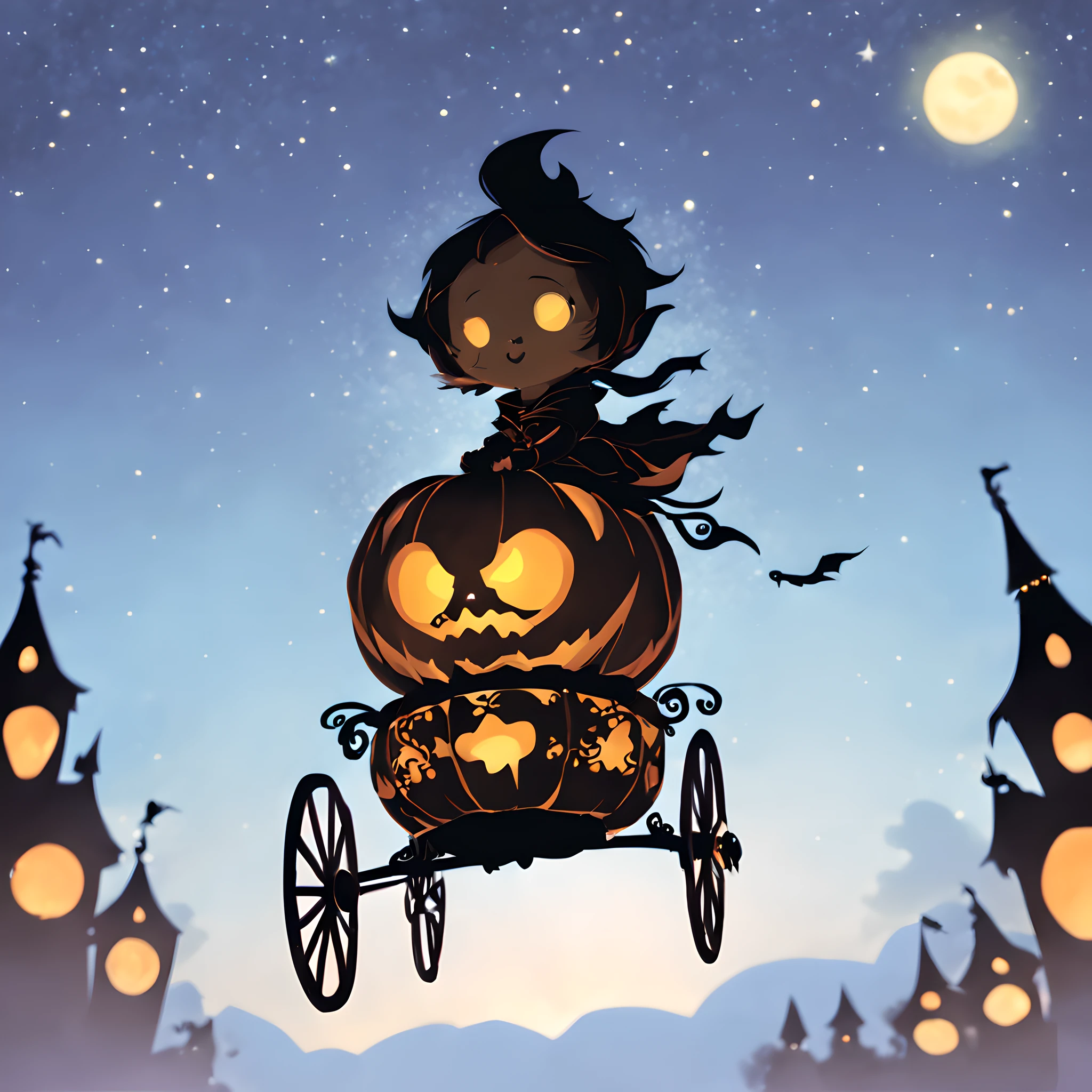 ()Silhouette illustration, (Pumpkin Carriage:1.5), chibi emote, flying starry sky like a movie "ET", Like the famous scene of the movie ET、Pumpkin Carriage soars through the sky、under huge full moon, silhuette、