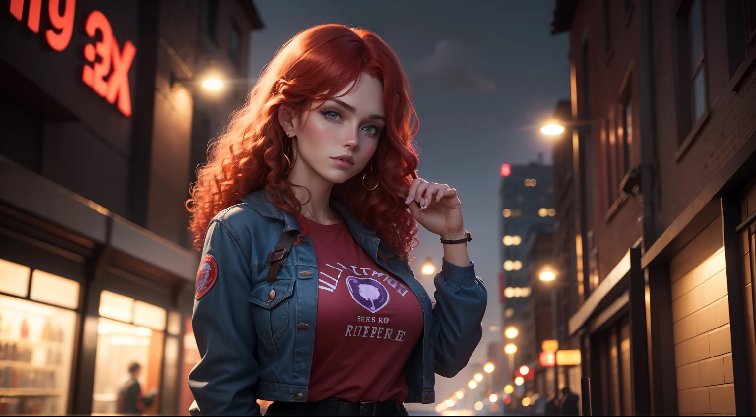 Masterpice, girl with red hair, curly hair, beautiful faces, perfect body,25 years, big blue eyes, light eyes, wearing purple tshirt with red jaket and denim trousers, pubs on display, full body, slim body, big boobs, professional lighting, cityscape, night, 32k, realistic photo, cinematic lighting, hair lighting, RAW photo, beauty dish