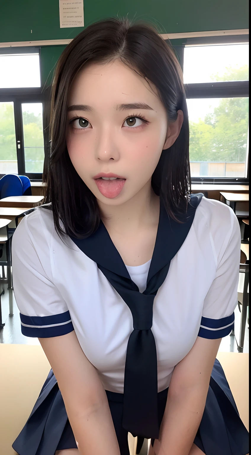 (Top  Quality, high resolucion, ​masterpiece : 1.3), Tall and pretty woman with a slender body, (Dark brown short hair), (Wet school uniform shirt), (White underwear), Unbuttoned, ((Underwear visible)), in a classroom, Exquisitely rendered details on the face and skin texture, Detailed Eyes, Double eyelidd,