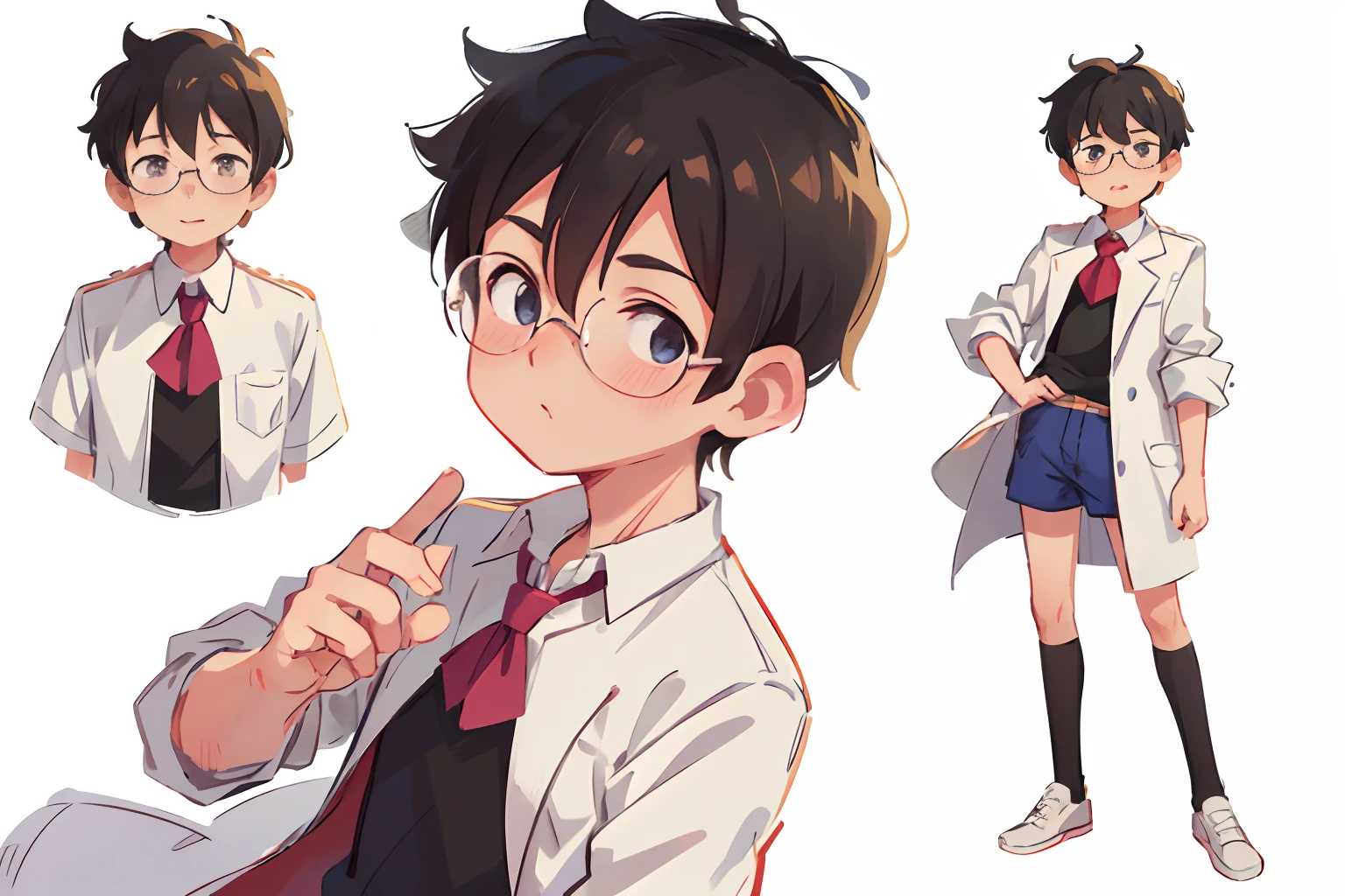 Anime style, 1 boy, full bodyesbian, elementary student，modern, short detailed hair, Glasses,  White background,  Fashionab,Sense of age