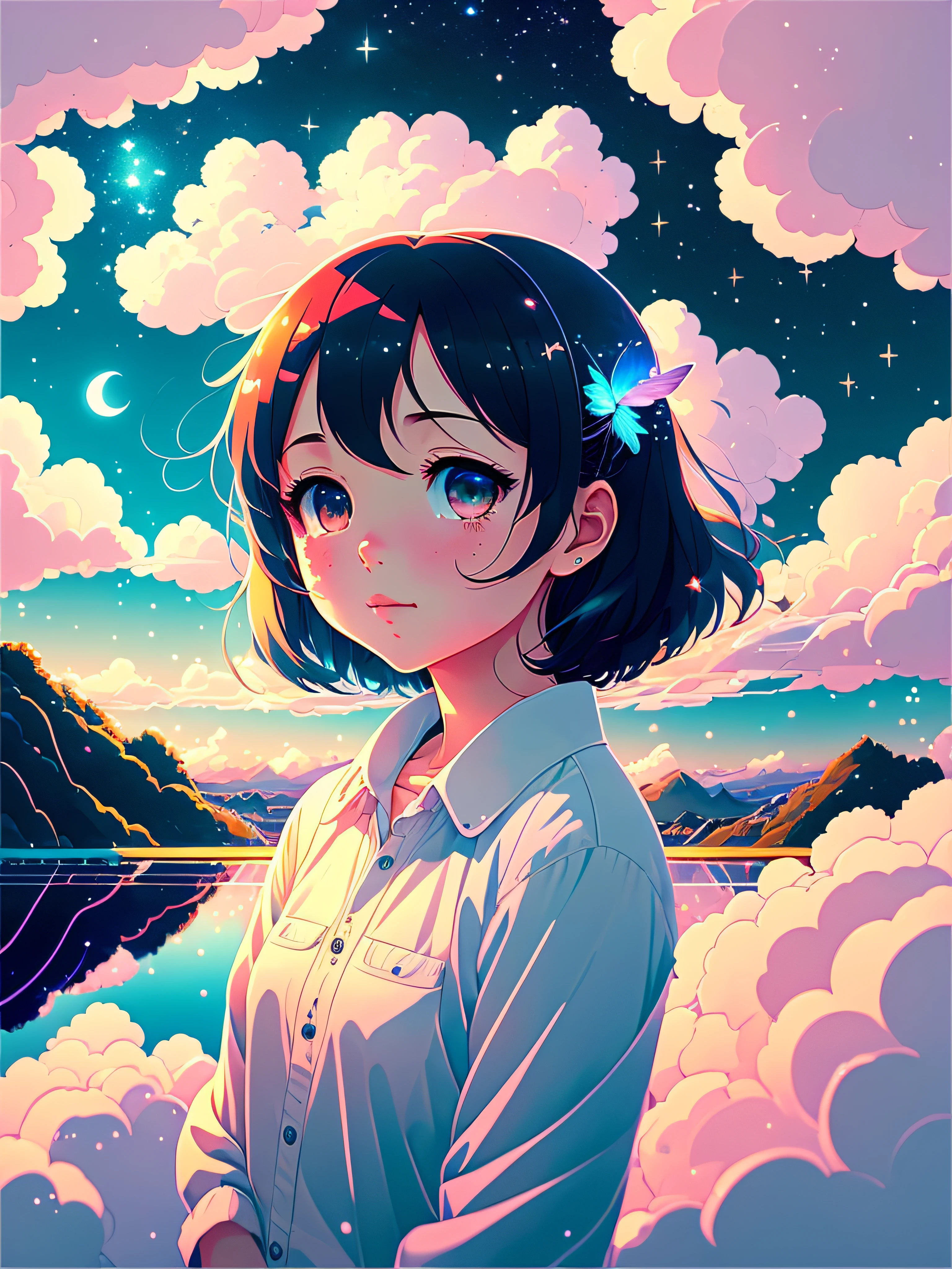 1 girl, eyes, closeup, beautiful night sky, meteor shower, beyond the clouds, enclosed water, reflection, wide angel, breathtaking clouds, wide angle, by Makoto Shinkai, Thomas Kinkade, James Gilliard, by Holosomnia Landscape, HDR, Volumetric lighting, Ray tracing, Complex and high detail, Very detailed, Deviant, 4k vertical wallpaper, colorful, airy, Anime Illustrations, Anime Nature Wallpapers