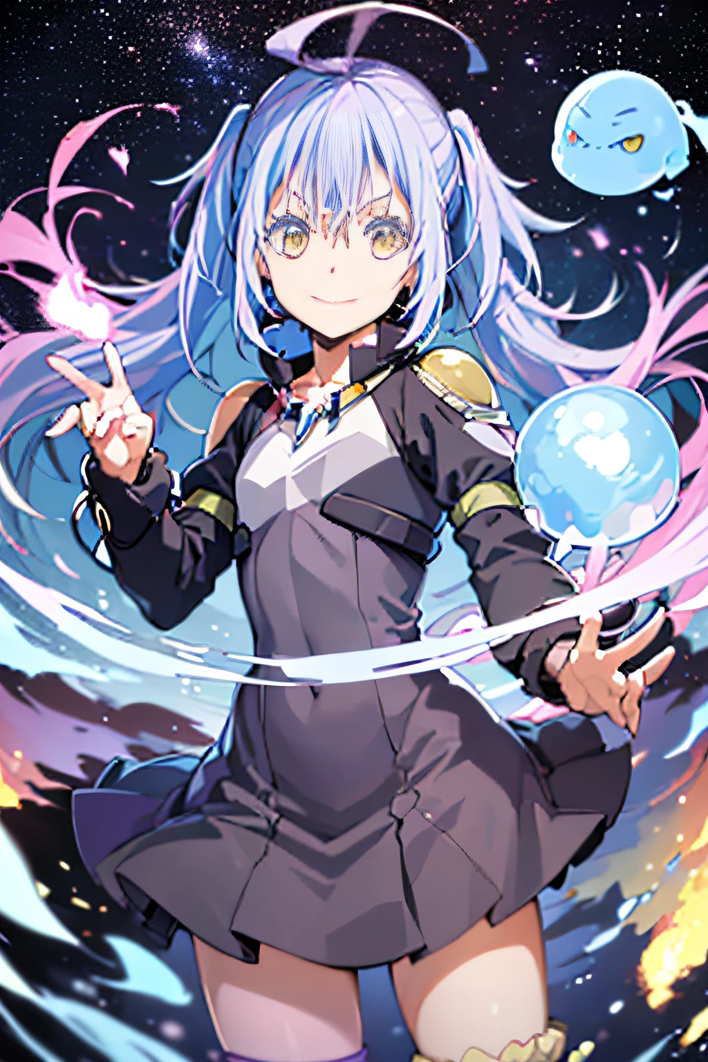 Best Quality,Detailed depiction of the human body、 4K,8K,(masutepiece:1.2), Solo, Closed mouth, Dress well、lightsmile,Tensura、rimuru、Mirim、((Purple hair))、((Combination of Rimuru and Mirim))、 Standing, Looking at the viewer, Having a slime、((Upper body)),(((Purple hair)))、2Color hair color