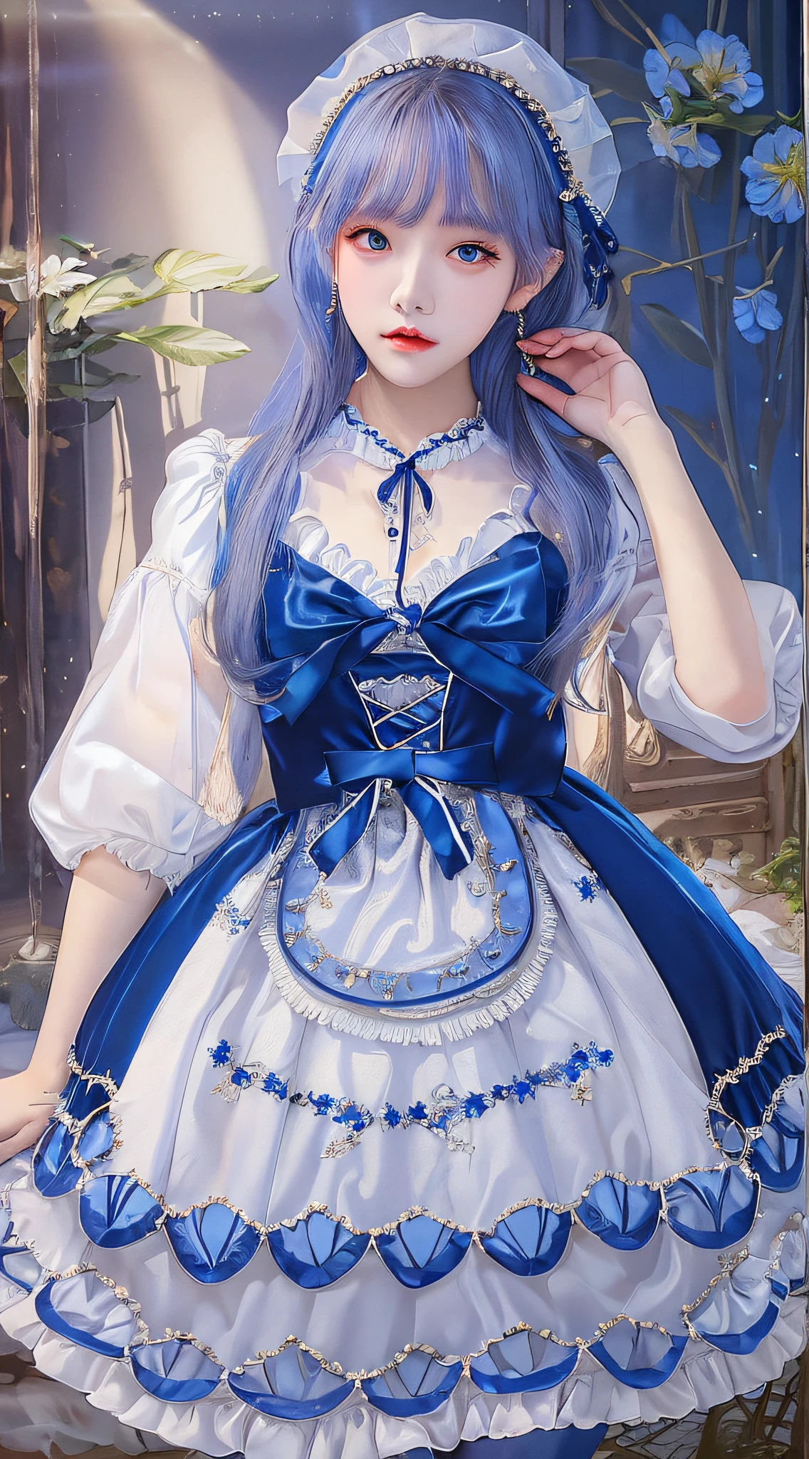 The appearance is very attractive, Wear sapphire pantyhose，Wearing a sapphire blue and white Lolita dress，Fair and delicate skin，Eyes are a pair of clear and bright sapphire blue，Hair is sapphire blue，waist-high，The whole person exudes a fresh and nice atmosphere，sixteen years old，Extremely realistic