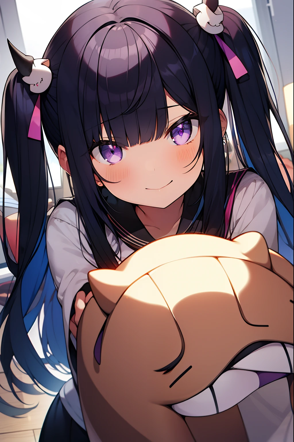 asymmetrical bangs, Blunt bangs, Straight hair, Long sideburns, two side up, Devilish girl, Purple eyes, tusk, sparking eyes, A dark-haired, kawaii, No hair ornament,Cute,A smile