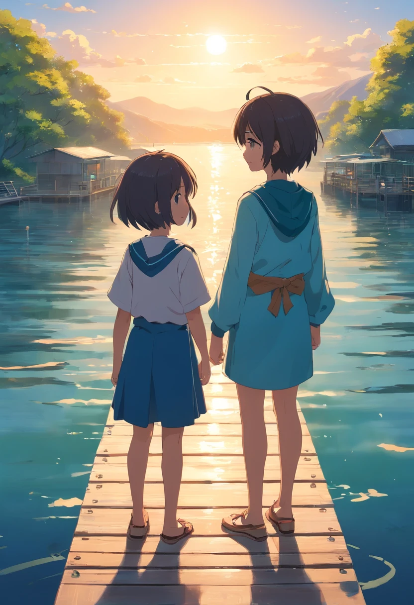 There are two standing side by side on a dock, Foto de vacaciones, imagen borrosa, foto de perfil, imagen de muy muy muy baja calidad, no borroso, both smiling for the camera, Foto de perfil, Lago al fondo, una imagen, desaturados!!, foto borrosa, foto coloreada, Imagen antigua, estudiante, foto granulada, en el lago, no borroso