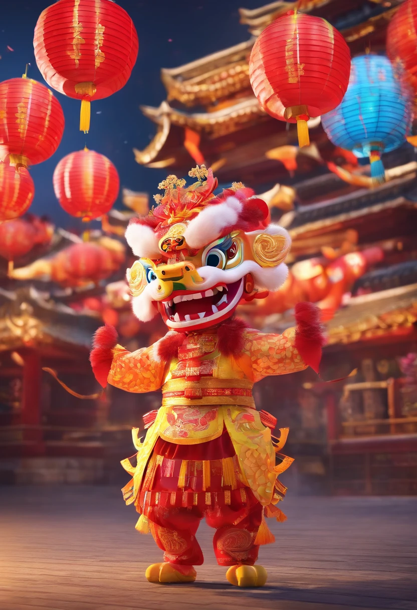 Look up,UE5,A child in a Tang costume dances a happy dragon,lion dance,Lanterns are hung on both sides,Fireworks