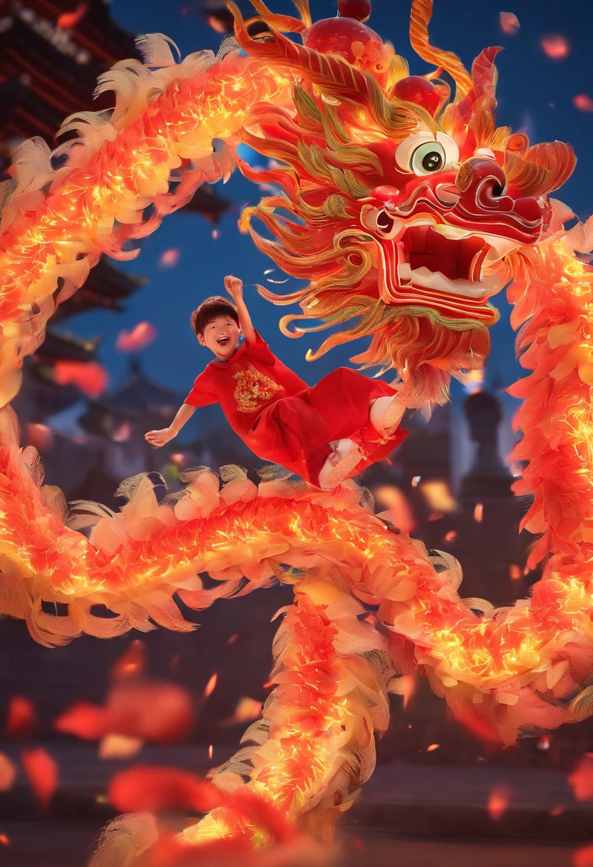 Look up,UE5,A child in a Tang costume dances a happy dragon,lion dance,Lanterns are hung on both sides,Fireworks