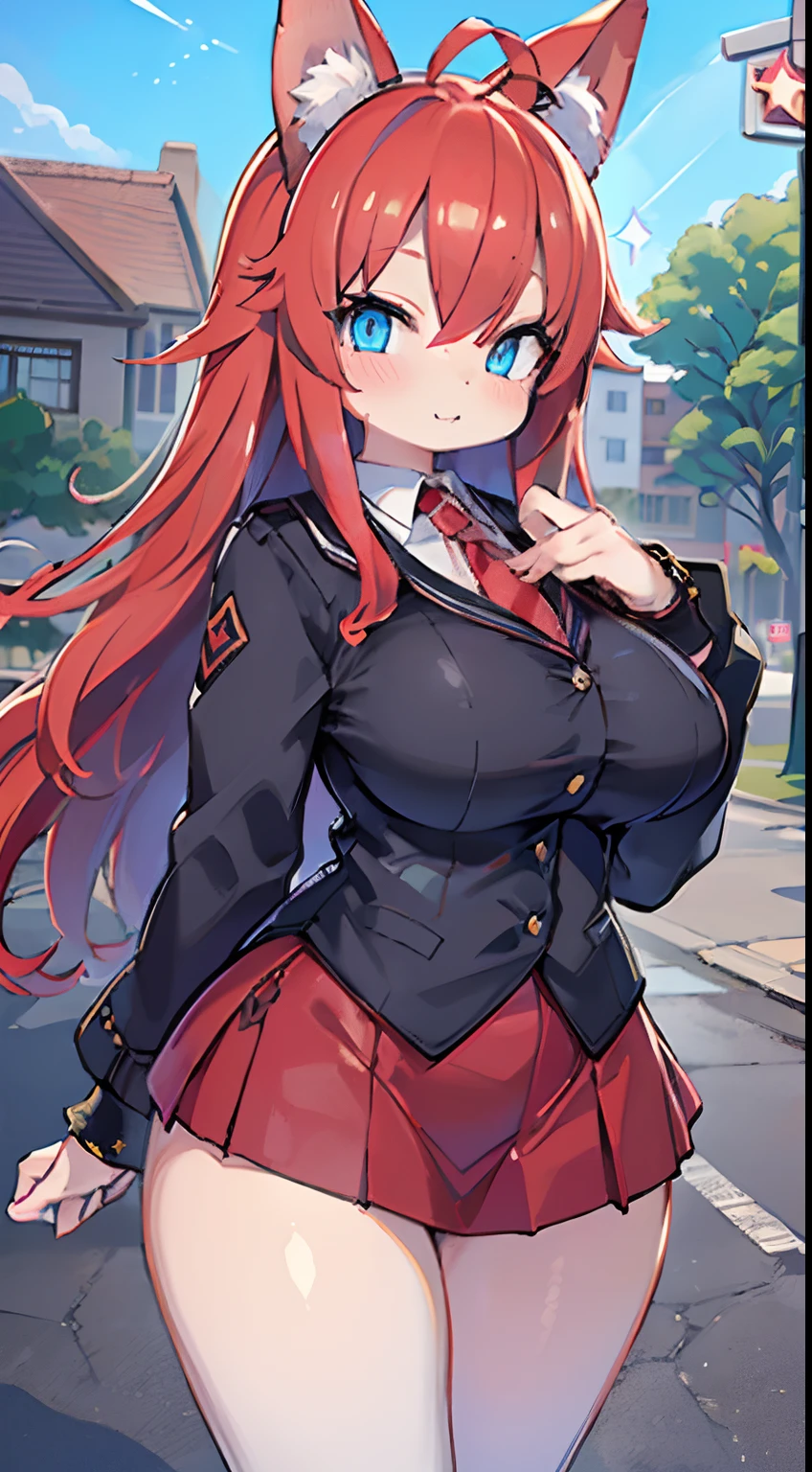 masterpiece, best quality, 1girl, long hair, looking at viewer, :3, cute, black school uniform, outdoors, streets, cowboy shot, big breasts, curvy, (((blue eyes))), rias gremory, red hair, antenna hair, wavy hair, ((beautiful detailed eyes, beautiful detailed shine, lots of shine)), anime screenshot