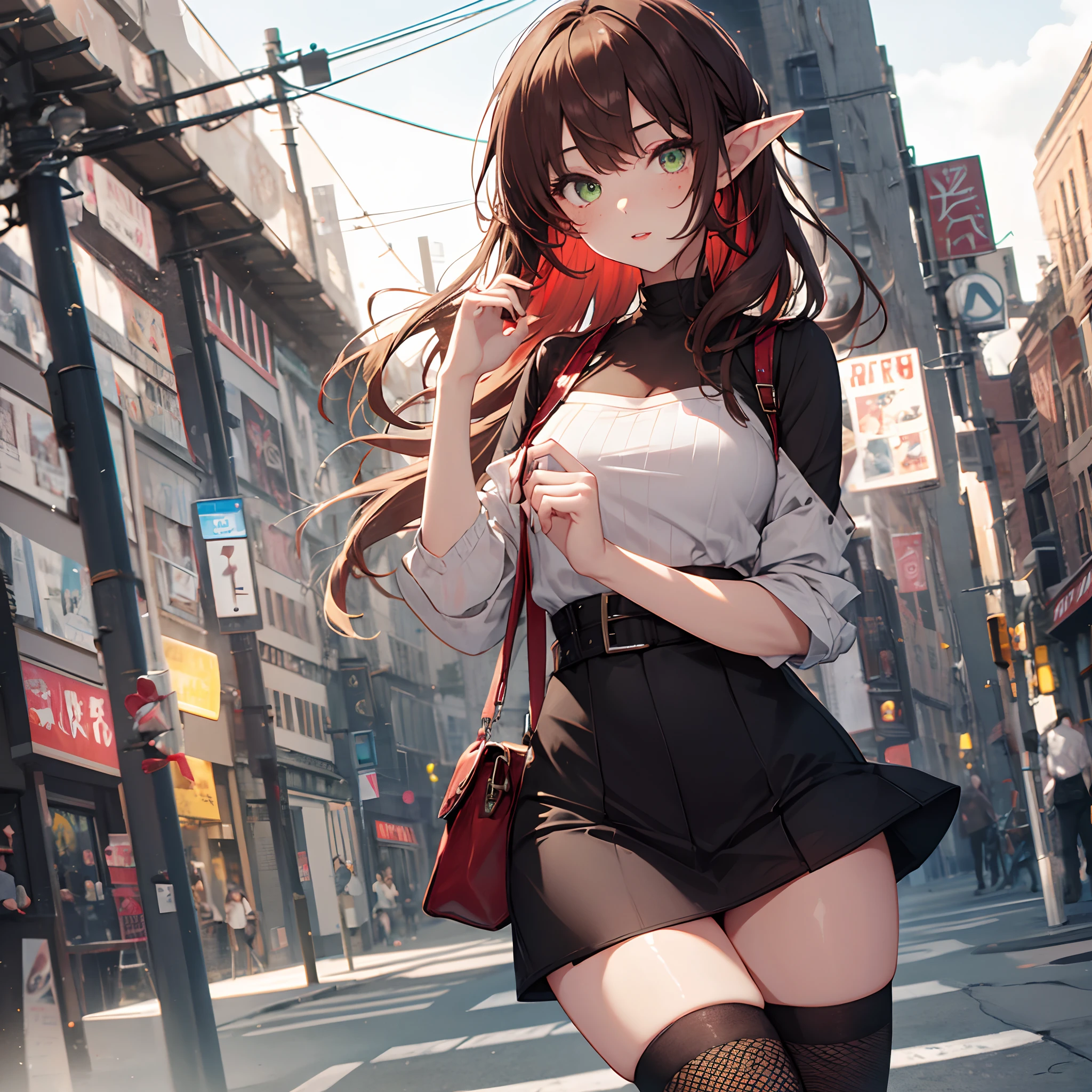 1 girl, solo, square head, beautiful lady, bright brown hair with red tips, green eyes, elf ears, freckles, casual modern tight dress, short skirt, red leg fishnets over black kneehighs, red lips
