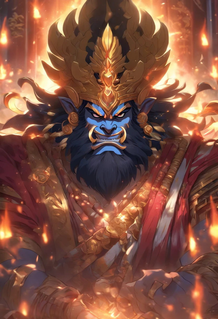 (((ANU))) best quality, ultra-high resolution, 4K detailed CG, masterpiece, generate an image of ravana from ramayana, siting on a royal throne, cinematic, detailed, dramatic lignings, aesthetic , centered on screen, full body