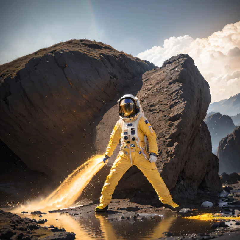 ((ultra real detailed.The astronaut) (Masterpiece, Top quality, Best quality, offcial art, Beauty and aesthetics: 1.2), Very detailed, Colorful, Most detailed, branches, The astronaut, (Mards)The astronaut(canyons), (Linen future spacesuit), Angry fighting stance, looking at the ground, Batik linen bandana, Chinese python pattern long-sleeved garment, Astronaut Canyon(Abstract propylene splash:1.2), Dark clouds lightning background,Sprinkle with gold dust(realisticlying:1.4),Black color hair,Flour fluttering,rainbow background, A high resolution, the detail, RAW photogr, Sharp Re, Nikon D850 Film Stock Photo by Jefferies Lee 4 Kodak Portra 400 Camera F1.6 shots, Rich colors, ultra-realistic vivid textures, Dramatic lighting, Unreal Engine Art Station Trend, cinestir 800,Flowing black hair,(((Mards)))