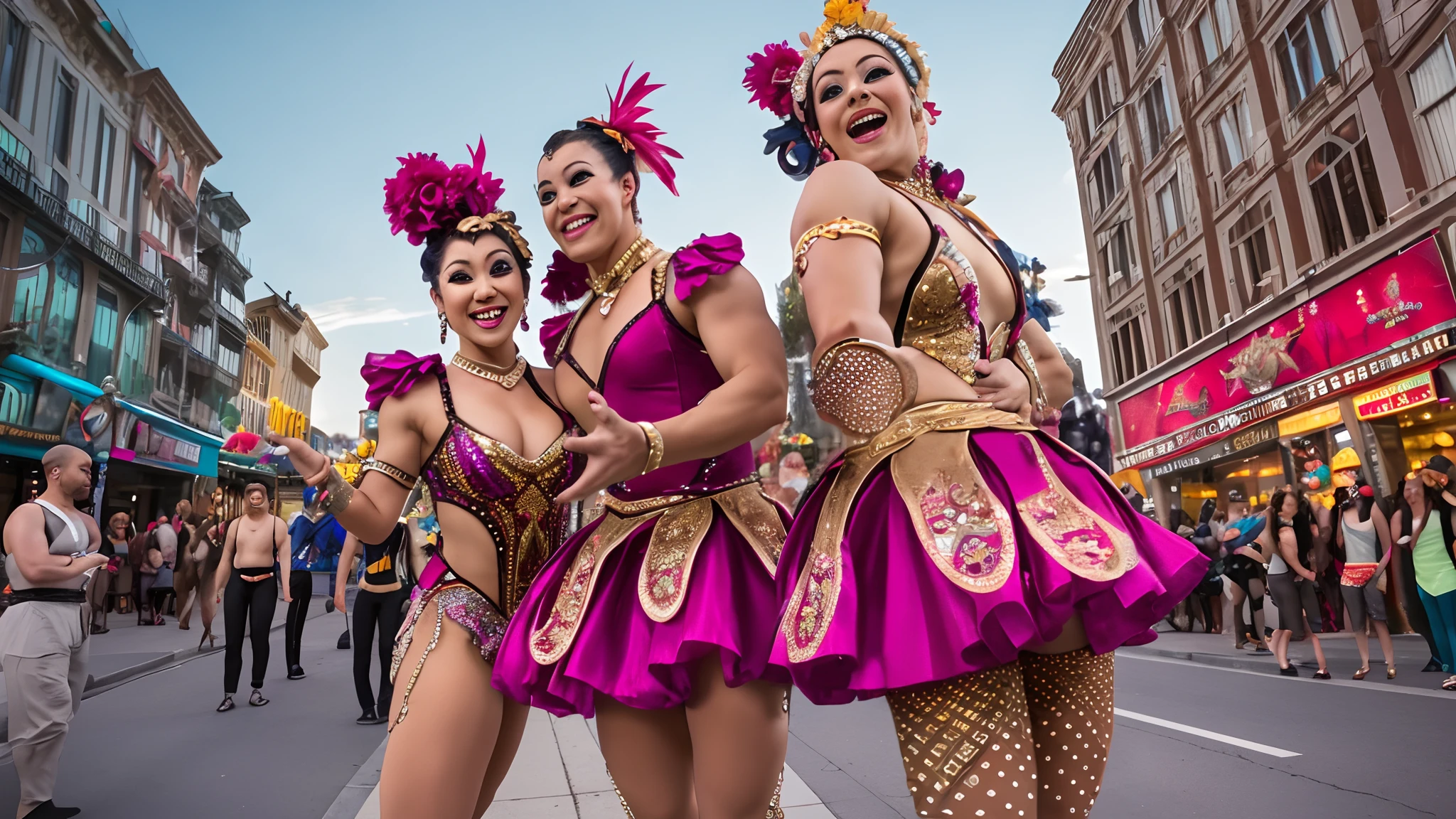 wide angle full body photo, shot with a 40mm lens of glamorous cirque du Soleil performers on a street --auto --s2