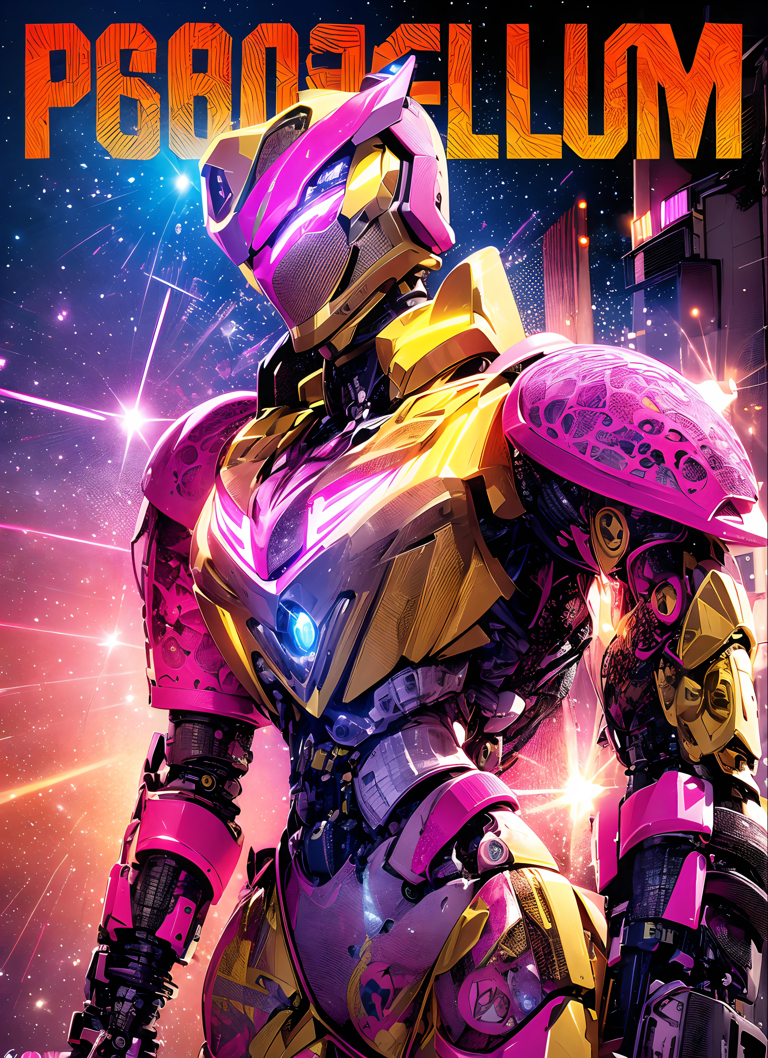 Close-up of robot in pink and yellow suit, Mecha suit, mecha art, mecha asthetic, girl in mecha cyber armor, neon armor, cool mecha style, neon scales and cyborg tech, Streamlined pink armor, dressed in light armor, in opal armor, intricate glowing mecha armor, full body mecha suit