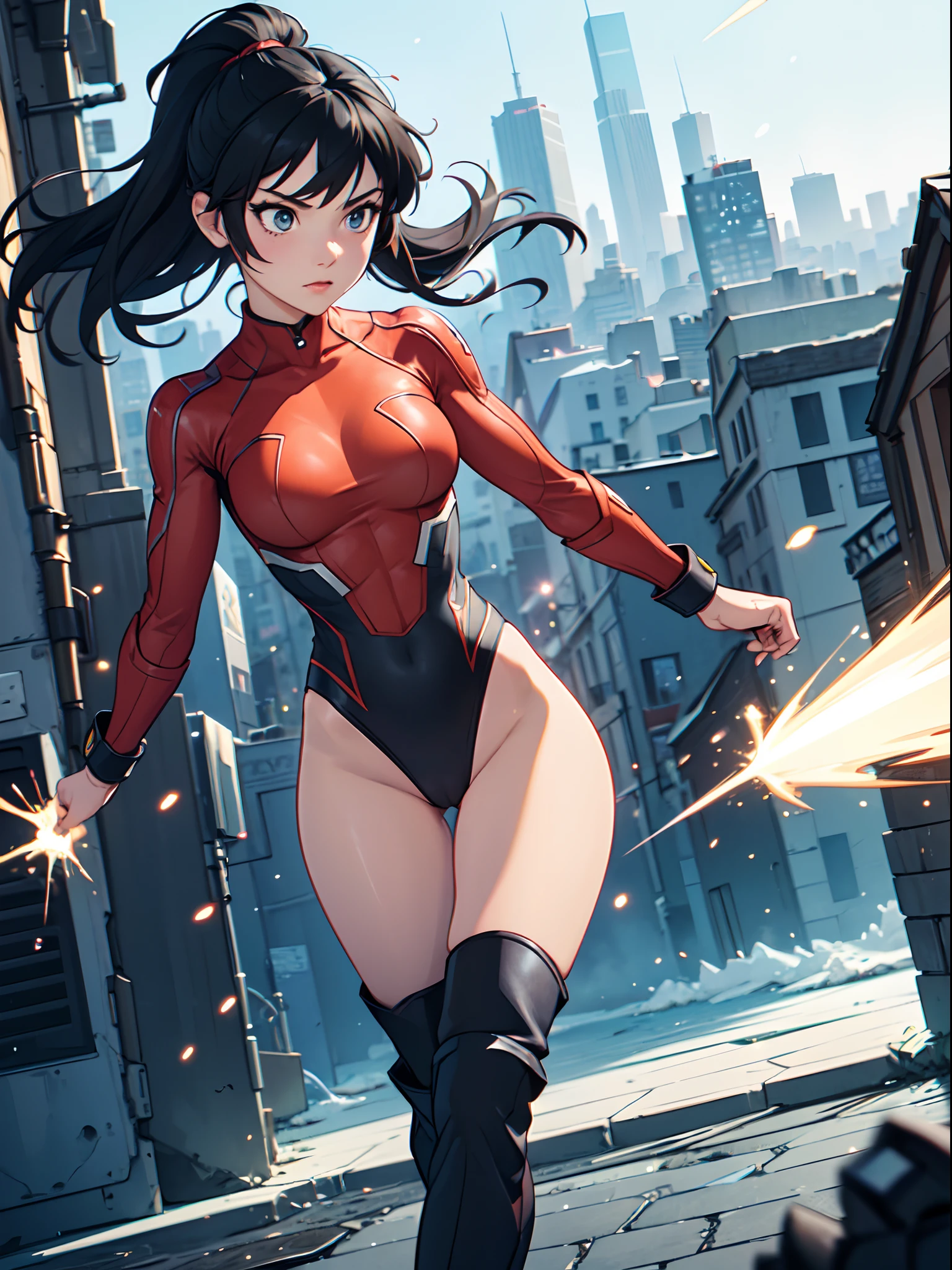 masterpiece, best quality, 1girl, superhero, leotard, bare legs, knee boots, matching boots, heroic, city backdrop, standing, body infused with energy, light particles solo, single, cowboy shot, perfect anatomy, powering up, black hair