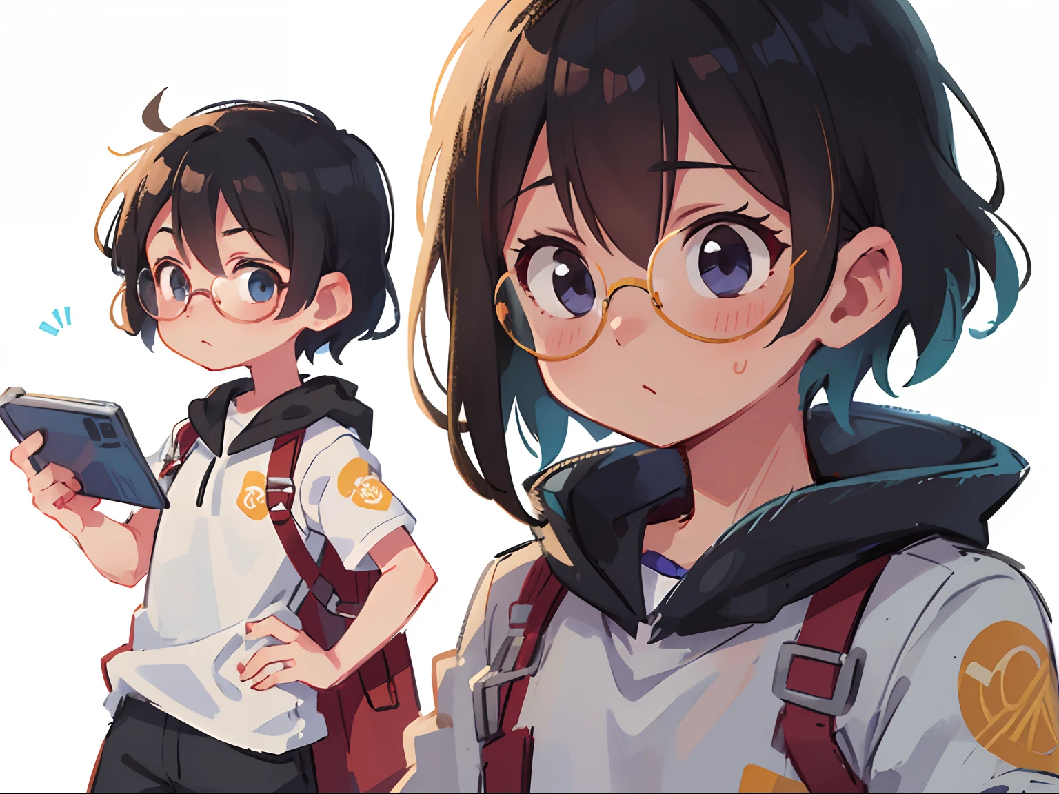 Anime style, 1 boy, full bodyesbian, modern, short detailed hair, Glasses, Sportswear,vivaciousness, White background, Fashionab,sense of science and technology