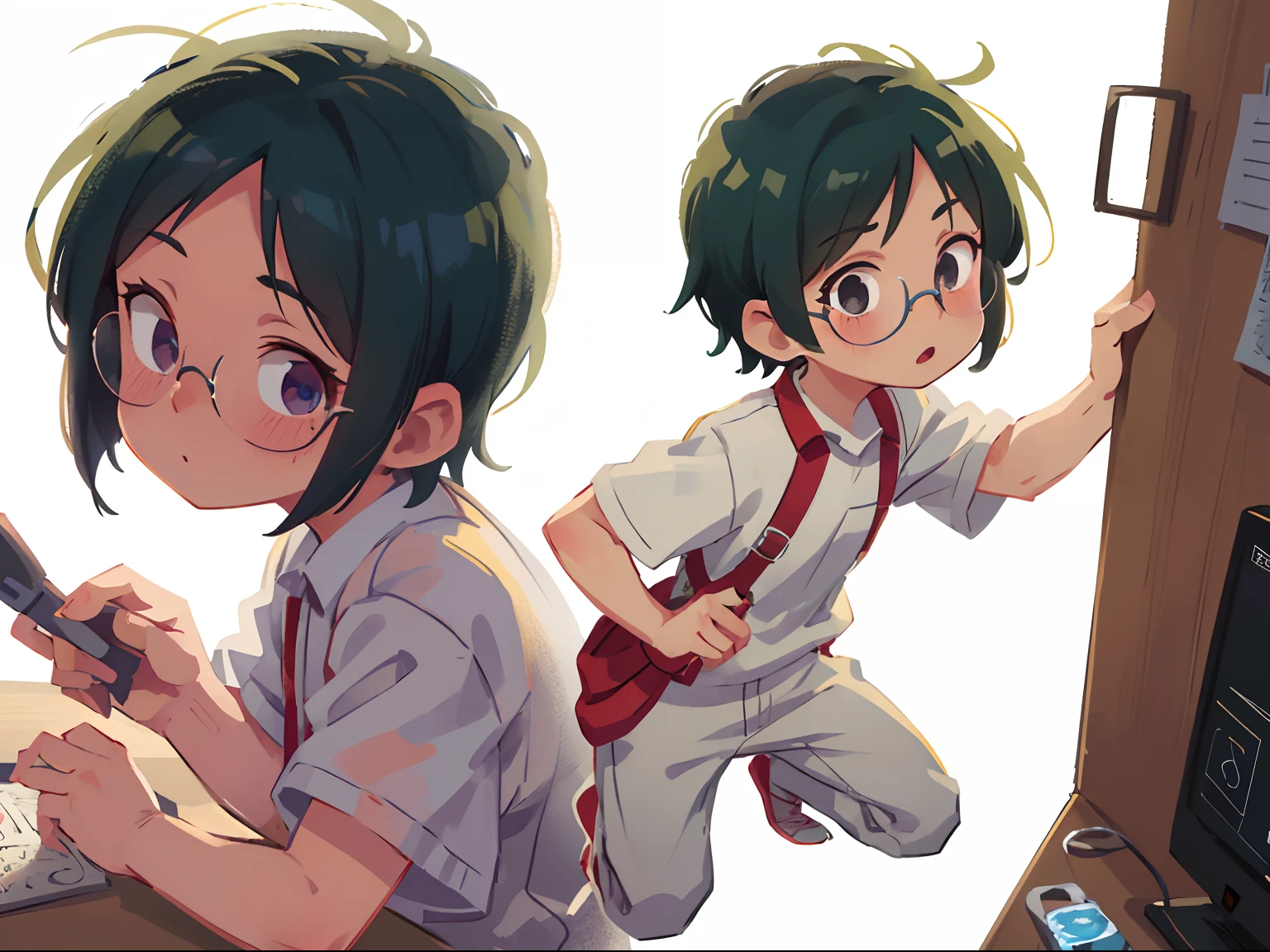 Anime style, 1 boy, full bodyesbian, modern, short detailed hair, Glasses, Sportswear,vivaciousness, White background, Fashionab,sense of science and technology