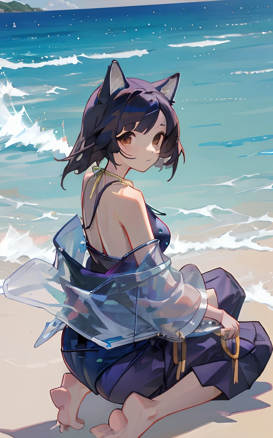 1girll, Solo,Saga,(((swimsuit))),underwear, Seaside, Ocean,Dog ears, Bare shoulders,