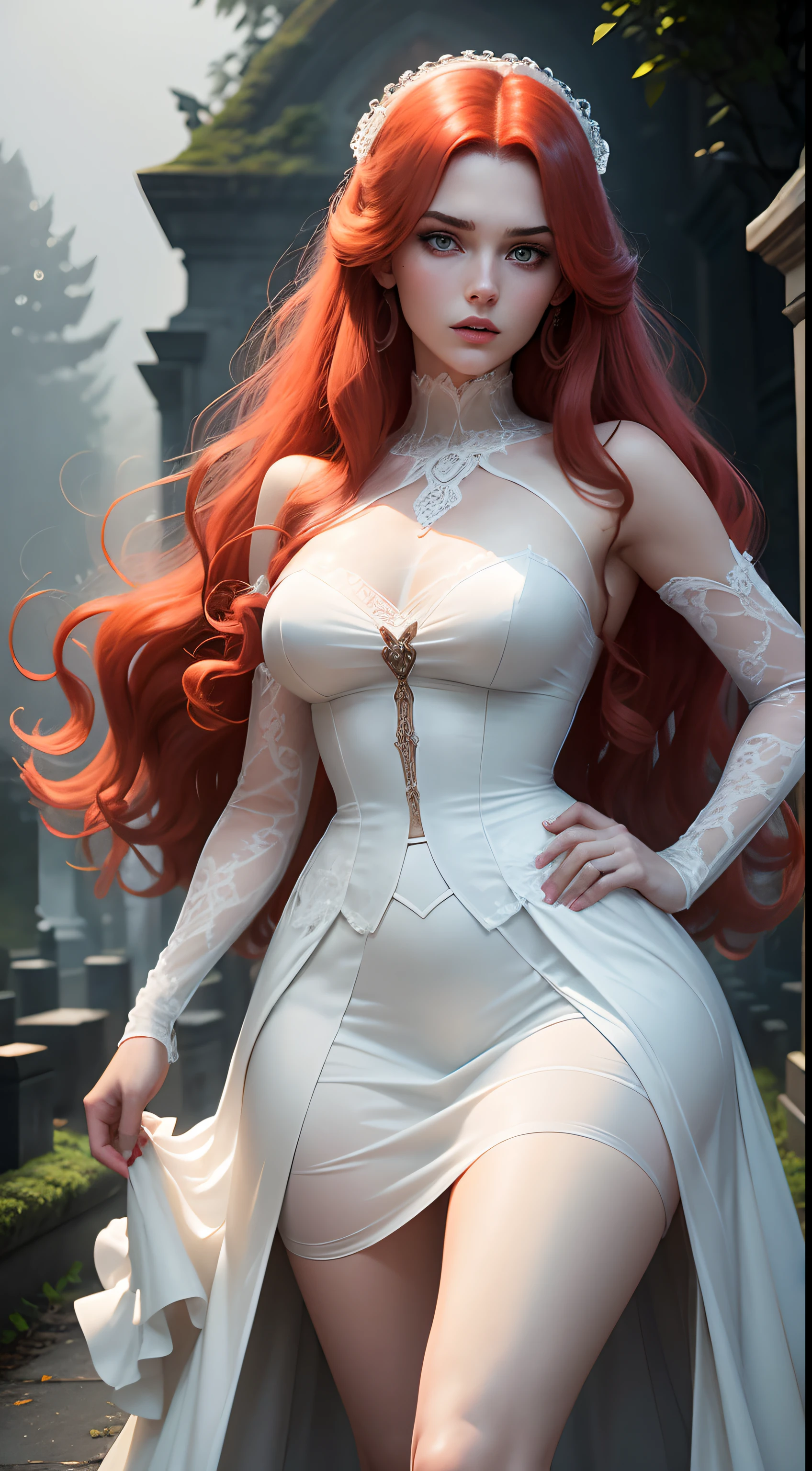 Movie footage of Mario Bava's horror movie, Full Medium Close-up, Gorgeous 18-year-old woman resembling Bella Thorne, long red hair, soft pale skin, Pretty and young々Shishi Face, Well-defined eyebrows, Light blue eyes, delicate nose, plump round lips, thin and long legs,White high heels,Walk through the Gothic cemetery at night in a white wedding middle dress, Foggy and rainy conditions, Ghostly atmosphere, 1600s, (high skin detail: 1.2), Ultra-detailed, Photorealsitic, depth of fields, Cinematic lighting, IMAX Camera, nffsw, nffsw, Full-HD, 8K