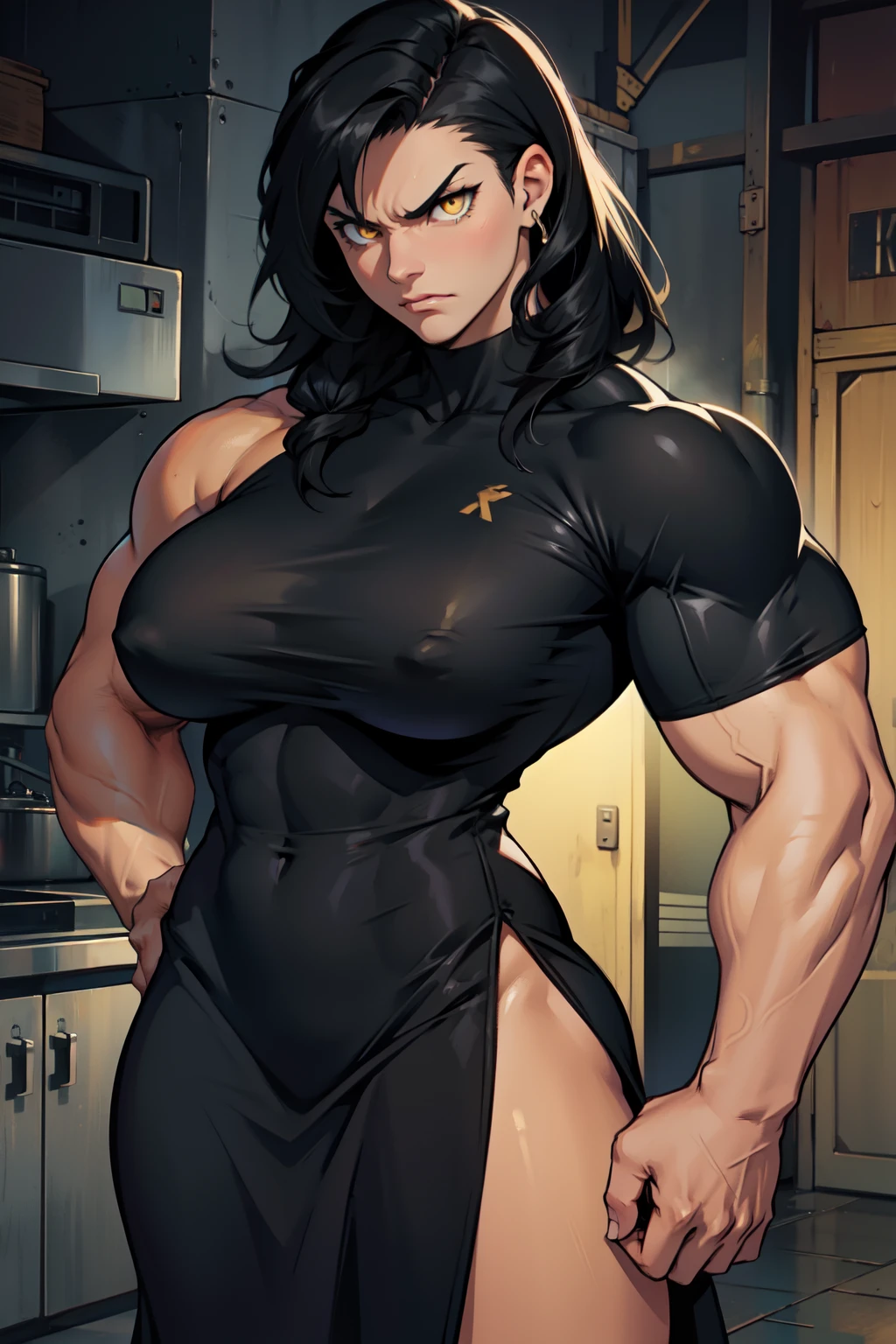 muscular toned body bodybuilder huge breasts black hair yellow eyes angry 1girl dress cowboy shot