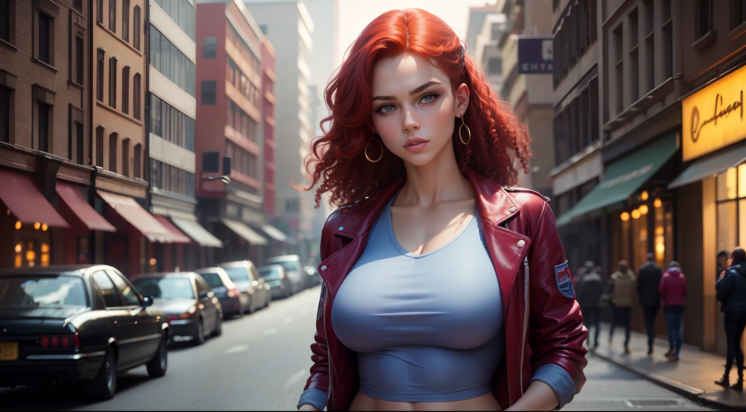 Masterpice, girl with red hair, curly hair, beautiful faces, perfect body,25 years, big blue eyes, light eyes, focous on face features to make it perfect, gorgeous face, wearing purple tshirt with red jaket and denim trousers, pubs on display, full body, slim body, big boobs, professional lighting, cityscape, night, 32k, realistic photo, cinematic lighting, hair lighting, RAW photo, beauty dish