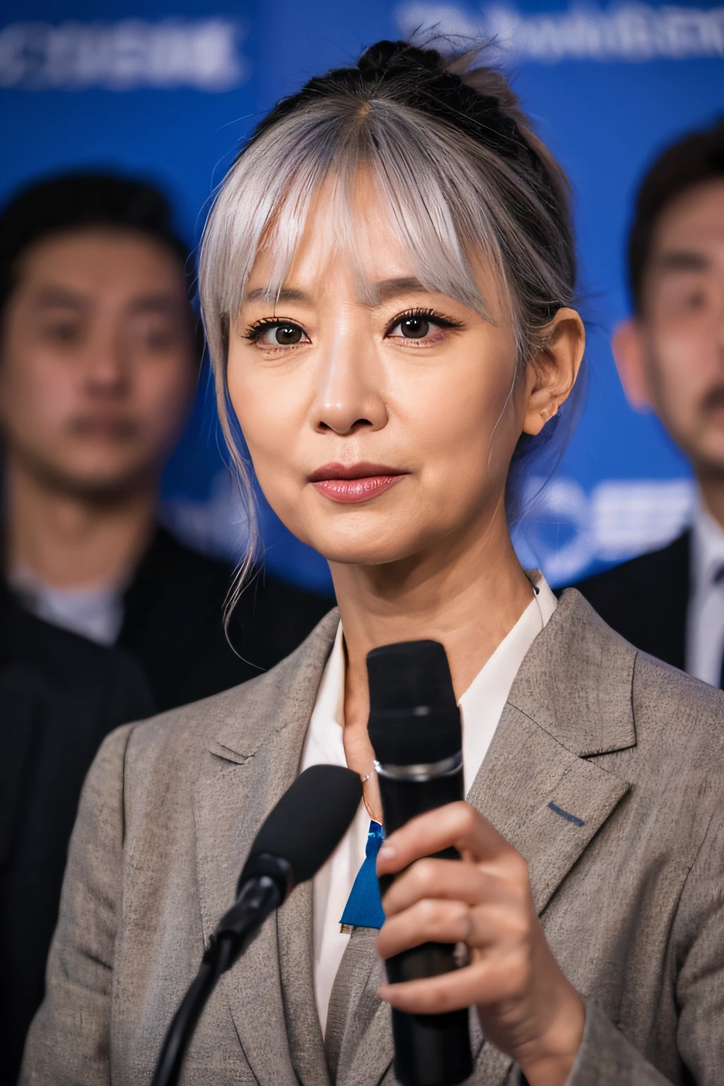 japanes、asian human、Holding a microphone in hand、suit and tie、Man in his 60s、white hair、Authoritative face、press conference、Body and head straight in the photo、DSRL、Facing the viewer of the photo、The eye fixed on the lens is、Shoulders and head shown in the photo、Man in the center of the photo、8K、top-quality、masterpiece、Realistic and realistic photos、Movie Photos、A hyper-realistic、1 persons、detaileds、Perfect litthing、 DSRL、professional photograpy、4K