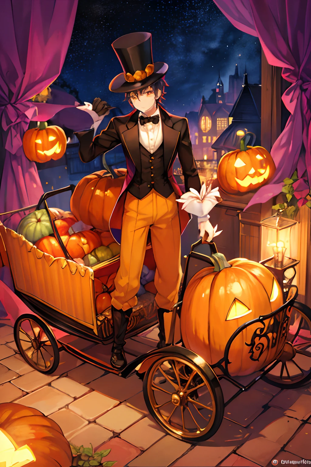 (best quality, vibrant colors:1.2, surrealistic lighting, glossy texture), carriage, pumpkin man's carriage with pumpkin trousers, top hat, dreamy ambiance