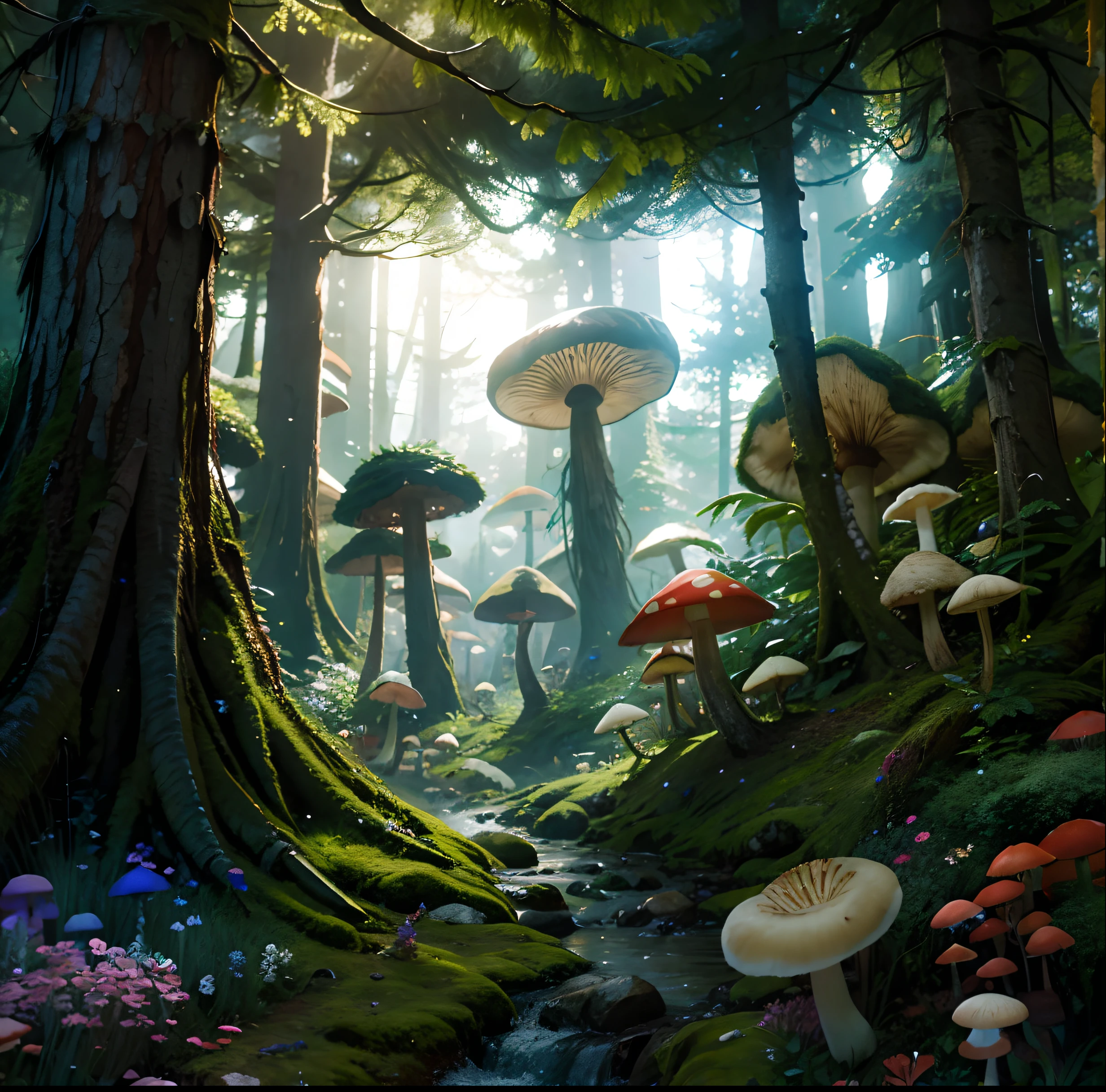 a fairy world,a fantasy forest,Mushroom forest,colored flowers,Dense woods,HighestQuali,4K,hand painted style