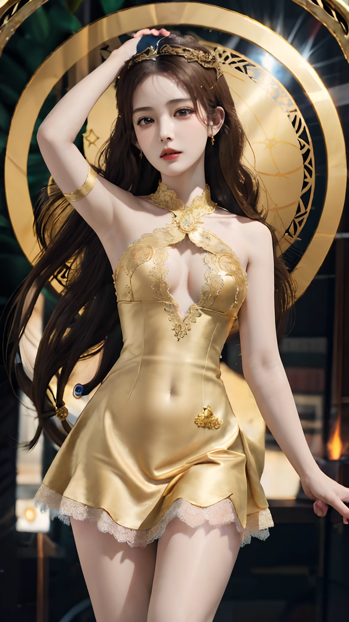 official art, unity 8k wallpaper, ultra detailed, beautiful and aesthetic, High quality, beautiful, masterpiece, best quality, 1 queen, small bust, (round bust:1.5) , (Long hair:1.5) , (zentangle, mandala, tangle, entangle:0.6) , (beautiful dress:1.2) , (golden Lace:1.2) , (bare waist:1) , (thigh high:1.2) , (closed up:1.2) , dancing poses,