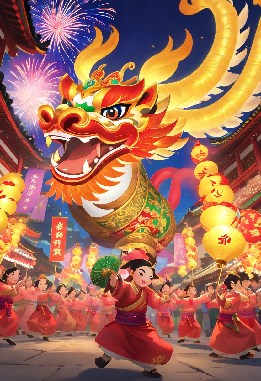 (best quality,4k,8k,highres,masterpiece:1.2),ultra-detailed,(realistic,photorealistic,photo-realistic:1.37),upward gaze,spring festival,children in traditional Chinese clothing delightedly performing lion dance,lit lanterns on both sides,vibrant fireworks,traditional customs,lively celebration,joyful atmosphere,dynamic movements,colorful costumes,elaborate lion props,traditional music and drums,dim lantern light,uplifting festival spirit,happy faces,dancing with rhythm and coordination,traditional patterns and embroidery on clothing,lively and bustling crowd,streets adorned with festive decorations,multi-colored firework displays,echoing drumbeats in the background,vivid and diverse colors,dragon dance in the distance,traditional Chinese elements,auspicious symbols,prosperity and good luck,exquisite lantern designs,grand stage,excitement and anticipation in the air,lively expressions and gestures,kaleidoscope of colors,traditional rituals,auspicious wishes and blessings,majestic lion dance formations,dramatic stunts and acrobatics,enthusiastic applause and cheers,beautifully choreographed performance,enchanting visual spectacle,cultural heritage and tradition,community gathering and celebration,lively and festive atmosphere,festive soundtrack accompanying the performance