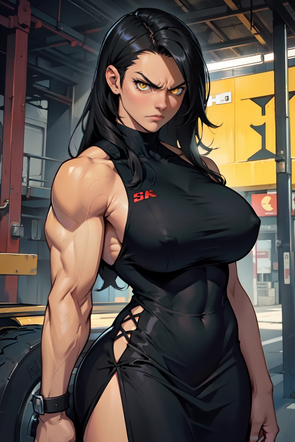 muscular toned body bodybuilder huge breasts black hair yellow eyes angry 1girl dress cowboy shot