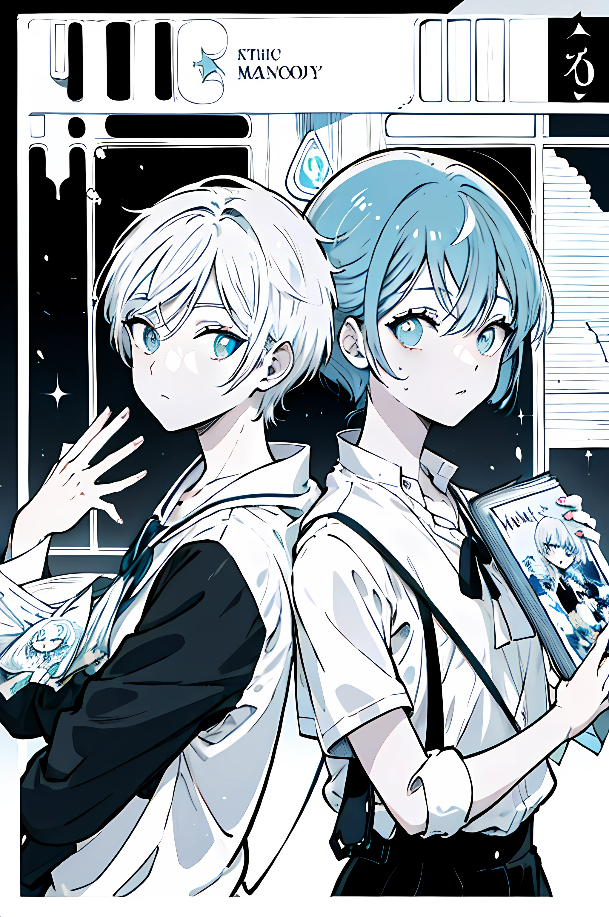 Boy, 20 y.o, white short hair, casual clothes, B/W color pallet, pupil, blue eyes, in front of school, best quality, ray tracing, luxury-book-stylized corners,Manga Cover, manga
