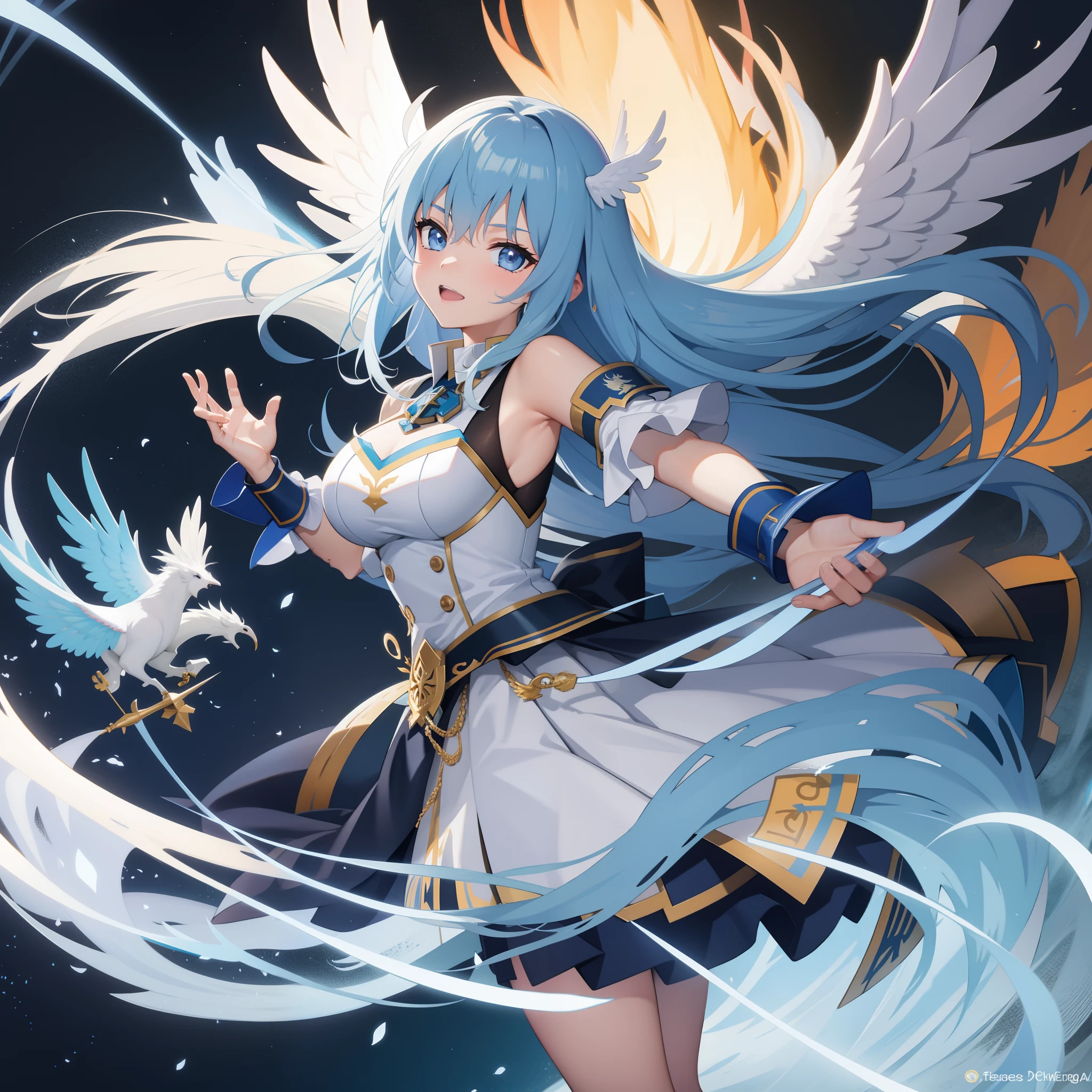 fullbody, young woman, Ahri, angel girl, (blue skin), wings, luminous burning hair, luminous burning eyes, fantasy clothes, blue light, blue light particles, blue flame