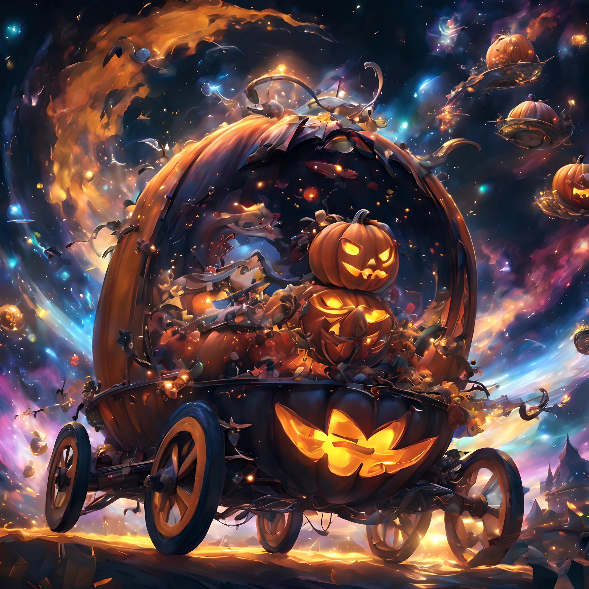 Pumpkin carriage、Pumpkin carriage in a sci-fi world、Spaceship in the shape of a pumpkin carriage、Pumpkin carriage moving through space、cosmic space、Warp Navigation、long exposure time、