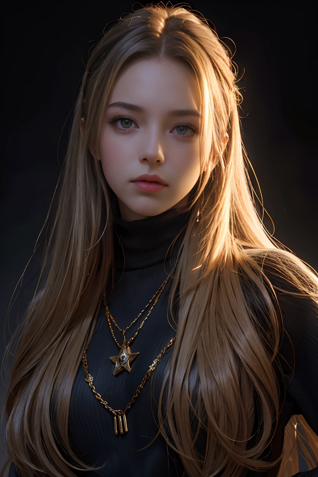 Best quality, masterpiece, ultra high res, (photorealistic:1.4), raw photo, 1girl, long hair, gold hair, detailed eyes and face, black sweater, dynamic lighting, in the dark, deep shadow, low key, cowboy shot