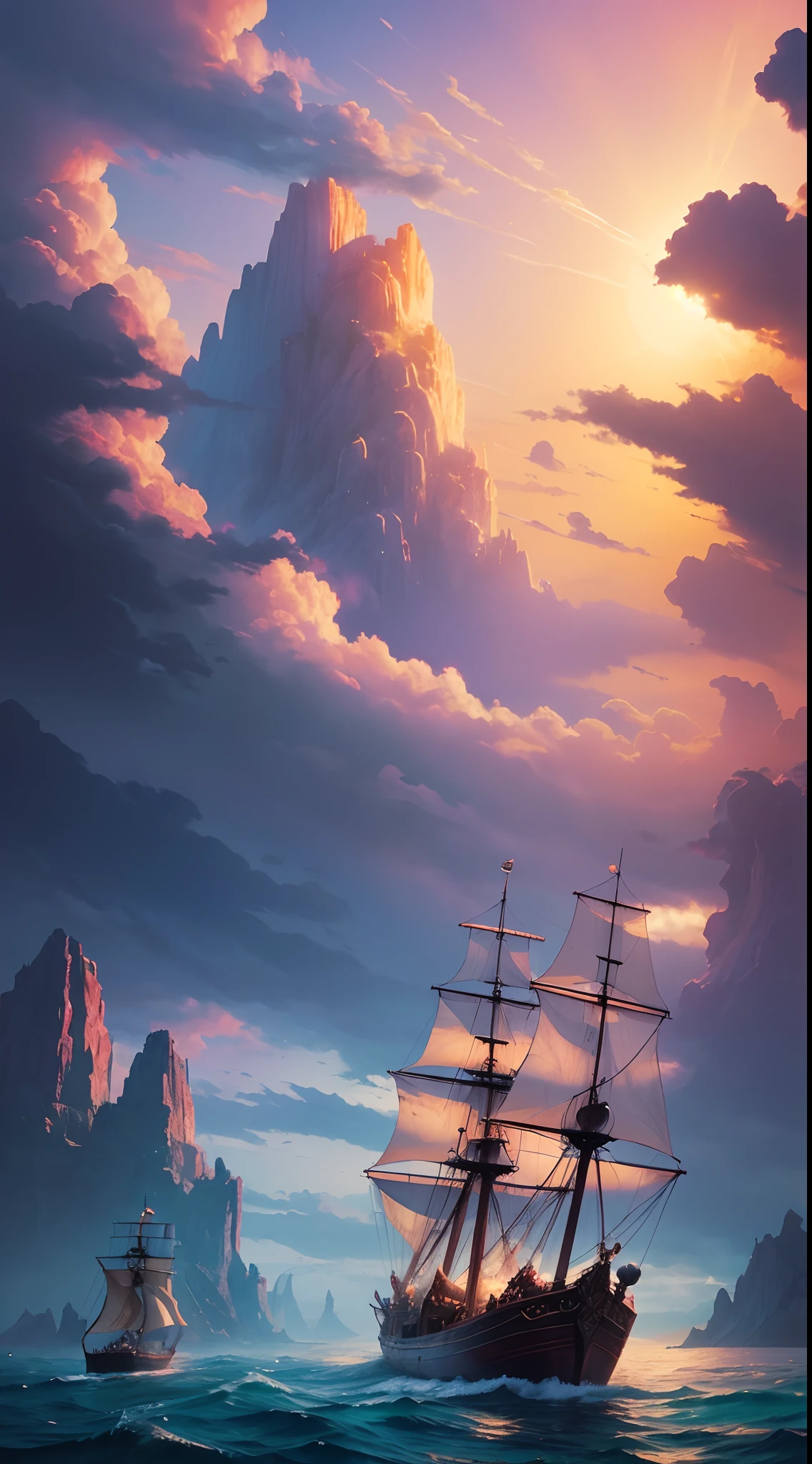 Depict a mythical scene of pirate ships sailing through a mystical sunset, with a touch of fantasy and adventure. Paint the sky with surreal colors and ethereal light, showcasing the diverse fleet of ships as they navigate through the magical waters.