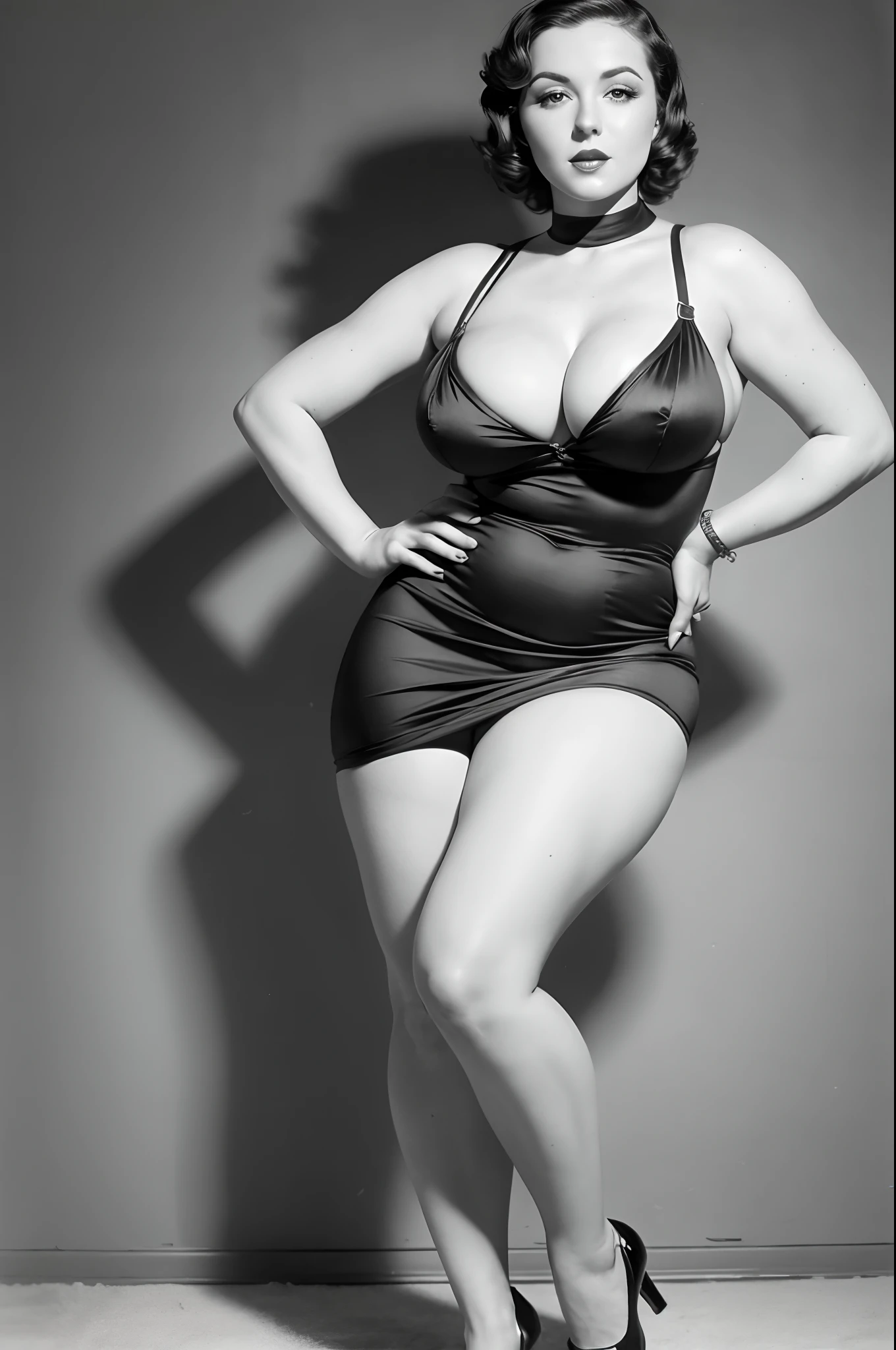 1930s pinup model, full body shot, An old photo of the most stereotypical 1930's woman, except she's very very busty, huge breasts, skindentation, showing cleavage