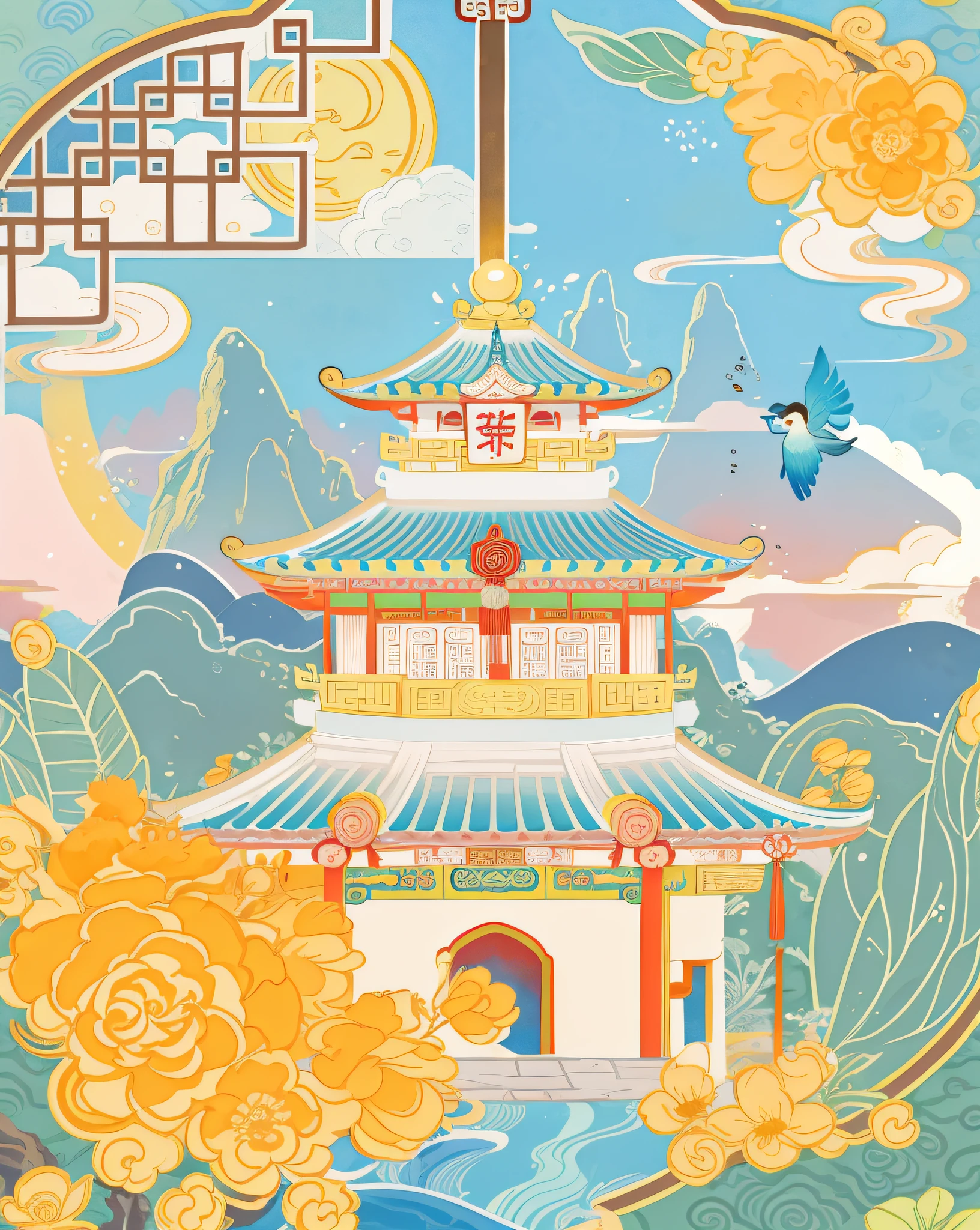 There is a photo of a Chinese landscape，There are a lot of flowers in it, Temple background, Chinese windows，A bird in fly，background depicting a temple, digital painting of a pagoda, Chinese watercolor style, palace background, fairy tale style background, palace floating in heaven, Zen temple background, flying cloud castle, A beautiful artwork illustration, jellyfish temple, Japanese art style, scenery art detailed, cyberpunk chinese ancient castle