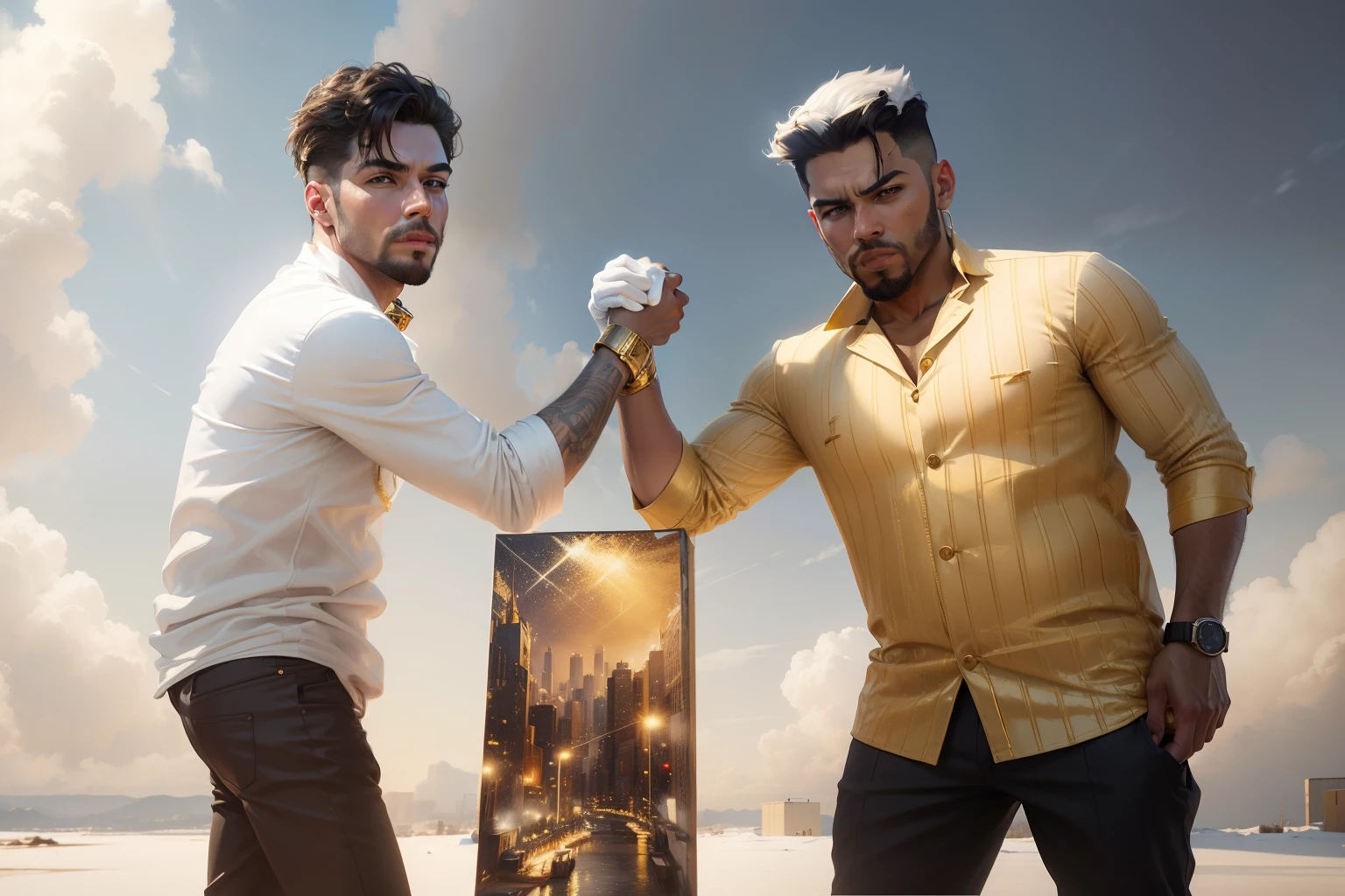 Building background, cool picture, stylish dressing, oil painting, 8k quality, 4K quality, wearing white T-shirts, with a light-hued Christmas background with white and gold accents.