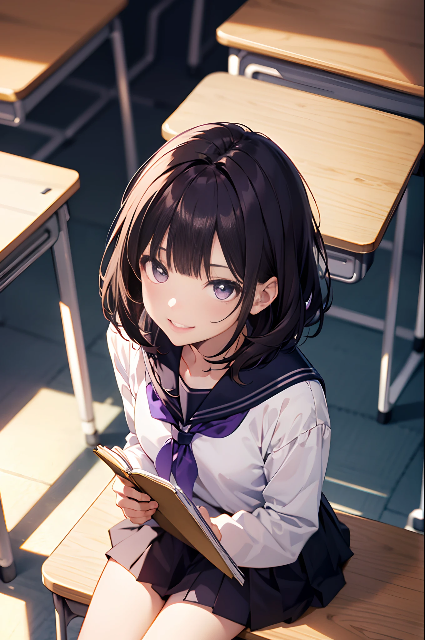 (extremely details CG、Unity、8K Wallpapers)、(extremely delicate and beautiful)、(masterpiece)、(top-quality:1.0)、(超A high resolution:1.0)、beautiful lighting、perfect lightning bolt、realistic shadow、Detailed skin、ultra-detailliert、detailed faces and eyes、Realistic eyes、Sharp pupils、cowboy shot, Inside the classroom、Schools、Evening glow、beauitful face、blurry backround、16-year-old beautiful girl、shinny skin、bob cuts、Dark purple hair、Blunt bangs、Purple eyes、(learning forward、Looking Up、From above、Looks happy、Looks happy:1.2)、a sailor suit、pleatedskirt、(Sit on a desk、Studying:1.3)、Gentle smile、Sailor Saturn