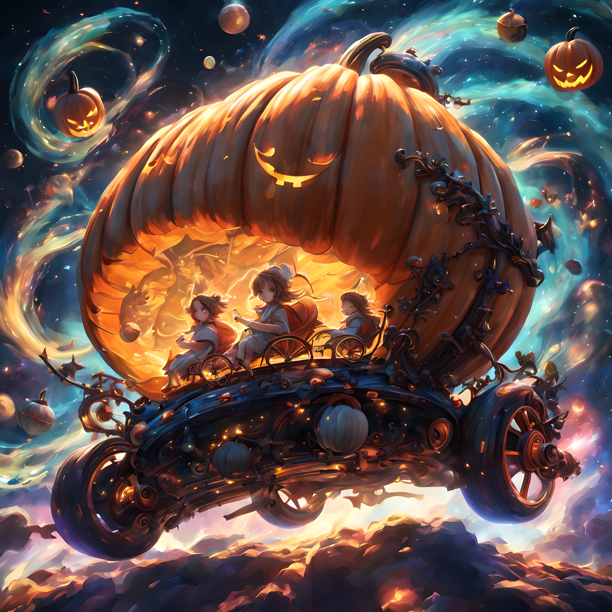 Pumpkin carriage、Pumpkin carriage in a sci-fi world、Spaceship in the shape of a pumpkin carriage、Pumpkin carriage moving through space、cosmic space、Warp Navigation、long exposure time、