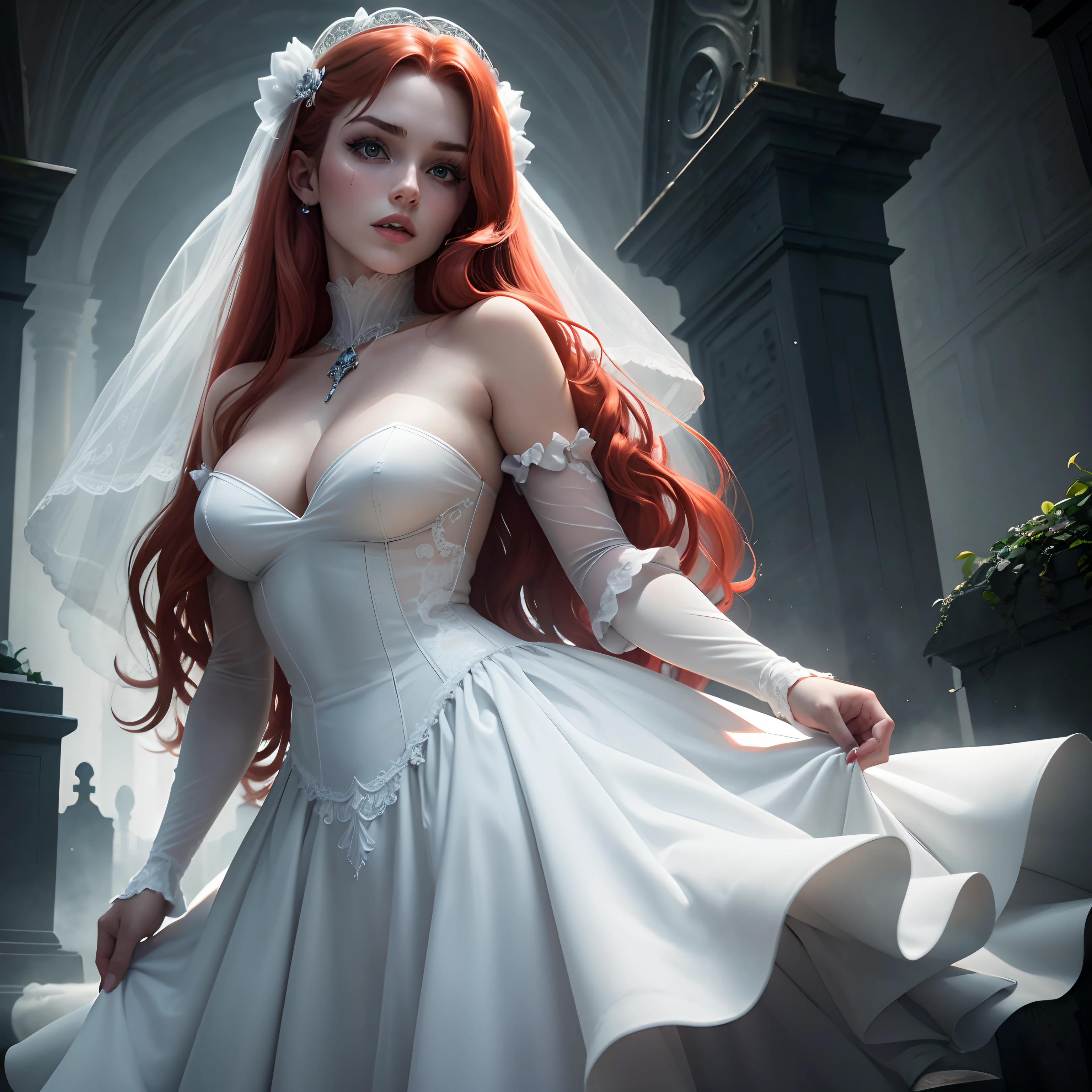 Cinematic footage of Mario Bava's horror movie, Full Medium Close-up, Gorgeous 18-year-old woman resembling Bella Thorne, long red hair, soft pale skin, Pretty and young々Shishi Face, Well-defined eyebrows, Light blue eyes, delicate nose, plump round lips, thin and long legs,White high heels,Walk through the Gothic cemetery at night in a white wedding middle dress, Foggy and rainy conditions, Ghostly atmosphere, 1600s, (high skin detail: 1.2), Ultra-detailed, Photorealsitic, depth of fields, Cinematic lighting, IMAX Camera, nffsw, nffsw, Full-HD, 8K
