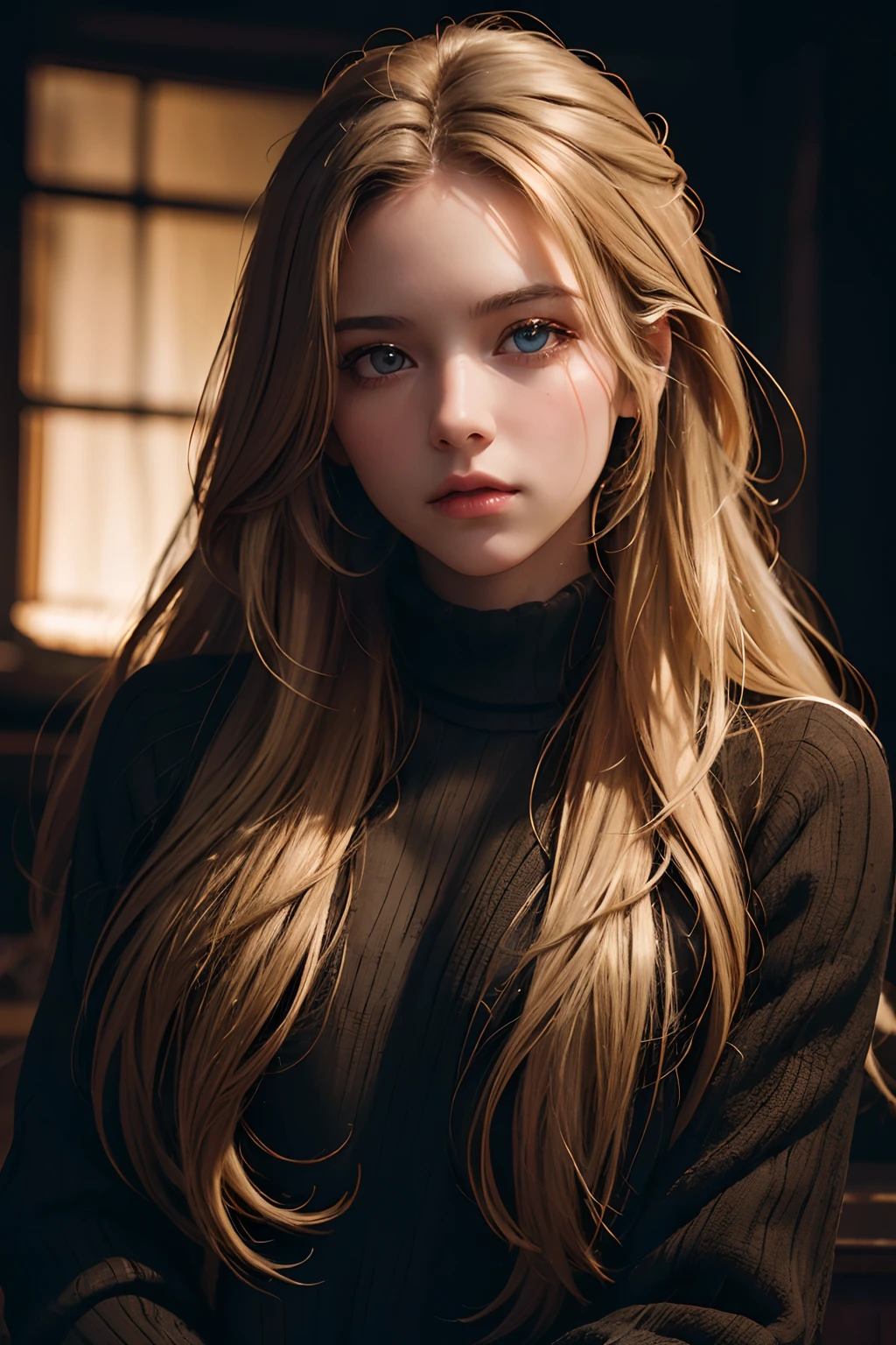 Best quality, masterpiece, ultra high res, (photorealistic:1.4), raw photo, 1girl, long hair, gold hair, detailed eyes and face, black sweater, dynamic lighting, in the dark, deep shadow, low key, cowboy shot