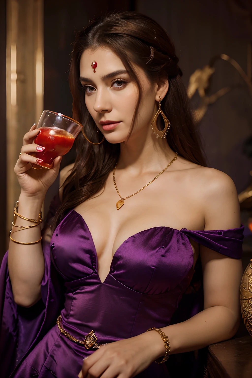 Hyper realistic photo: 8 kwoman in purple dress in red detail, golden goblet in hand, with earrings, necklaces, gold bracelets with ketchup on her clothes and face