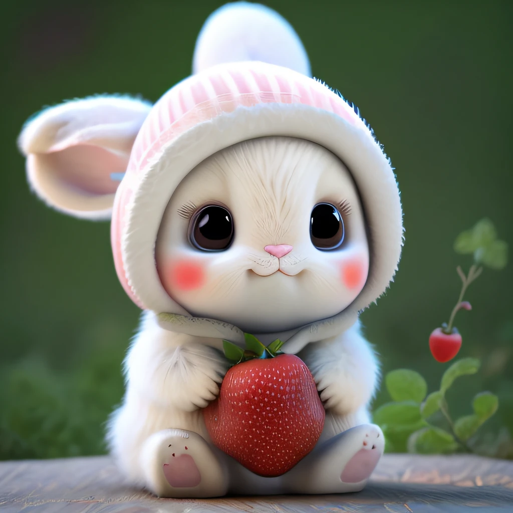 : 3. Rabbit, realistic, hairy, dressed beast, apple, dark circles, blush, cherry, food, fruit, whole body, hat, non-human, strawberry, tomato, watermelon