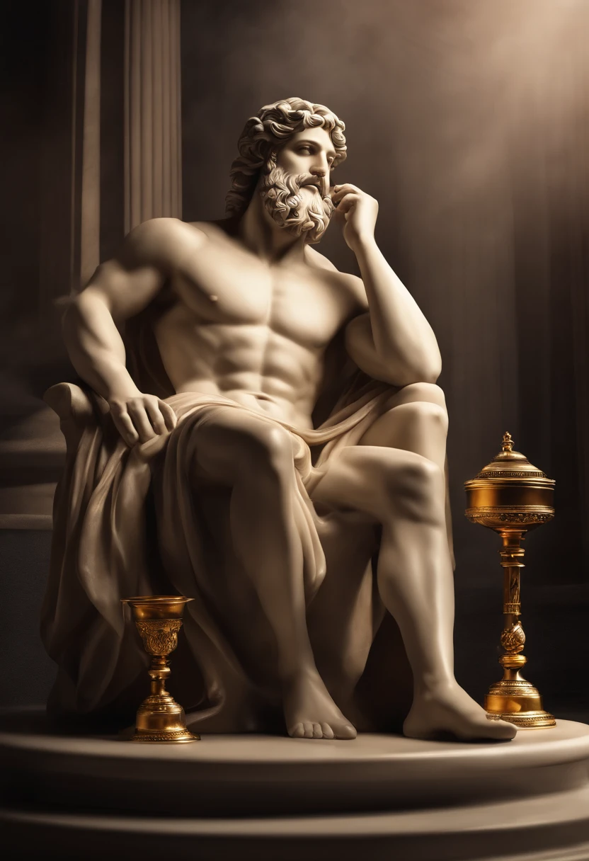 Pronto: Un retrato realista de Zeus oliendo un perfume con la estela hipnotizante a su olfato extasiado, toma lejana, Classical Background Architecture,Acerca de Olympus, fondo oscuro,  black y deep color Tones, Escena detallada, imagen real