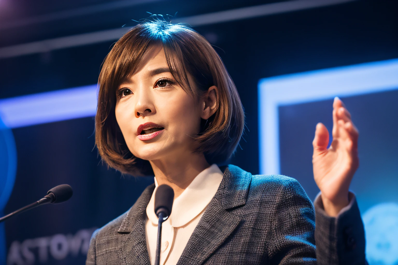 japanes、asian human、Hold the microphone and speak、Show the back of your left hand、Speak with your mouth open、rightward、suit and tie、Female in her 60s、Authoritative face、Dr、Body and head straight in the photo、DSRL、Facing the viewer of the photo、The eye fixed on the lens is、Shoulders and head shown in the photo、Man in the center of the photo、8K、top-quality、​masterpiece、Realistic and realistic photos、Movie Photos、A hyper-realistic、1 persons、detaileds、Perfect litthing、 DSRL、professional photograpy、4K
