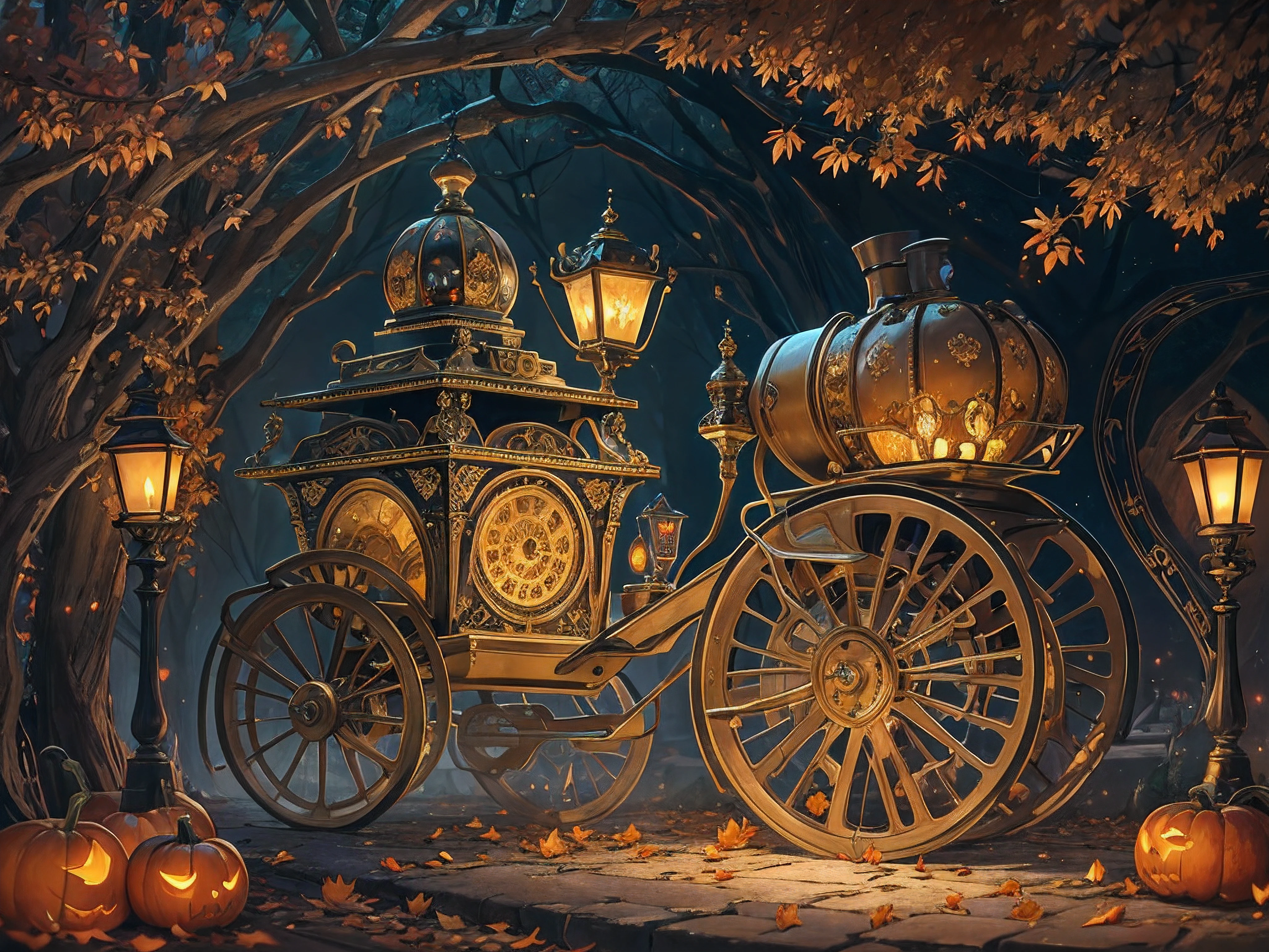 a pumpkin mechanical carriage, vibrant colors, realistic, highres, ultra-detailed, steampunk-style, meticulously carved pumpkin lanterns, elaborate brass gears, ornate Victorian-style decorations, hissing steam, billowing smoke, cobblestone streets, curving wrought-iron lampposts, magical moonlight, enchanted forest, fallen leaves swirling in the wind, sparkling fairy lights, surreal shadows, dark alleys, mysterious figures, spooky atmosphere, luminous full moon, hauntingly beautiful, ethereal ambiance, rays of moonlight piercing through the dense fog, whispering winds, crackling fire, whirling autumn leaves, antique clockworks, mechanical parts moving in perfect synchronization, intricate pumpkin vines, cascading vines and flowers, ornamental carvings with intricate filigree, clockwork carriage wheels, golden harvest decorations, smell of spices in the air, enchanting music echoing through the night, hidden mysteries waiting to be discovered, unsettling but captivating, mesmerizing and surreal journey.
