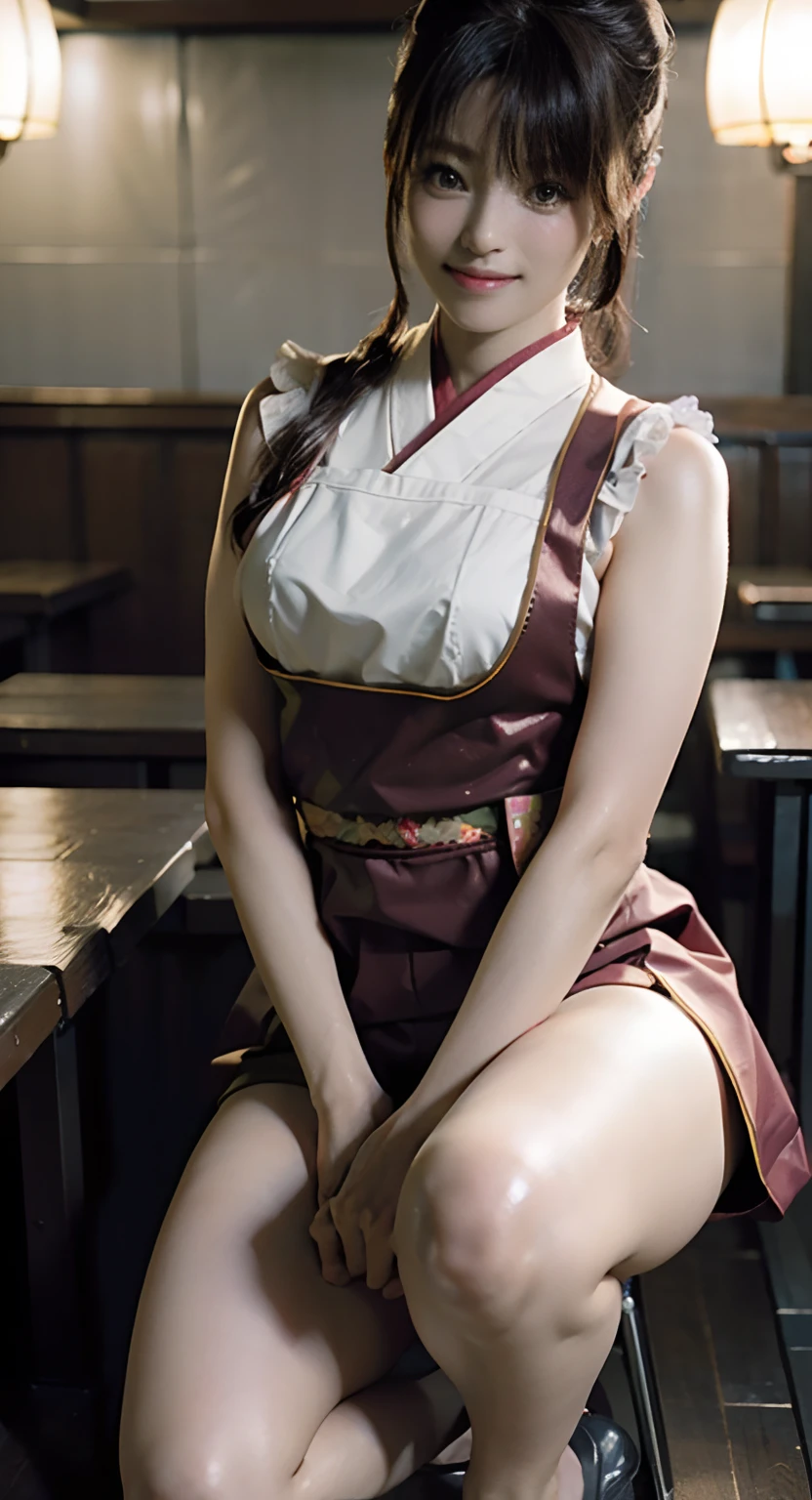 Real Images、rialistic photo、Top image quality、Anna Miller's Waitress Uniform、Spread legs,Show white panties,Bright ponytail、crouching down、Show white panties in a squat pose、Spread legs,Show white panties,Poses in motion、Pose so that you can see the white panties、Lift the hem of the skirt with both hands、Lift the skirt so that you can see the white panties、、poneyTail、Ultra mini skirt、beautiful thigh、beautiful smiling face、A sexy、Alafed woman in apron standing in front of a table in a restaurant, ( woman samurai ) girl, wearing rr diner uniform, tzuyu from twice, inspired by Kim Jeong-hui, fanart, Girl with white waist apron, japanese maid cafe, hanbok apron, femele, girl wearing school uniform