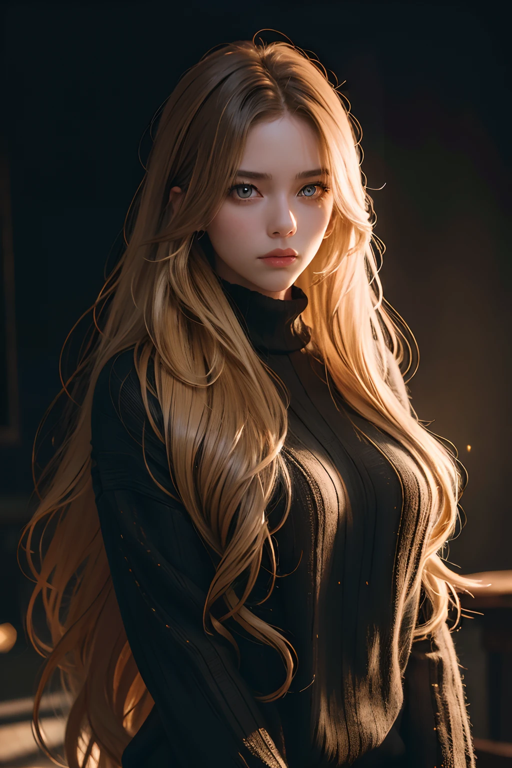 Best quality, masterpiece, ultra high res, (photorealistic:1.4), raw photo, 1girl, long hair, gold hair, detailed eyes and face, black sweater, dynamic lighting, in the dark, deep shadow, low key, cowboy shot